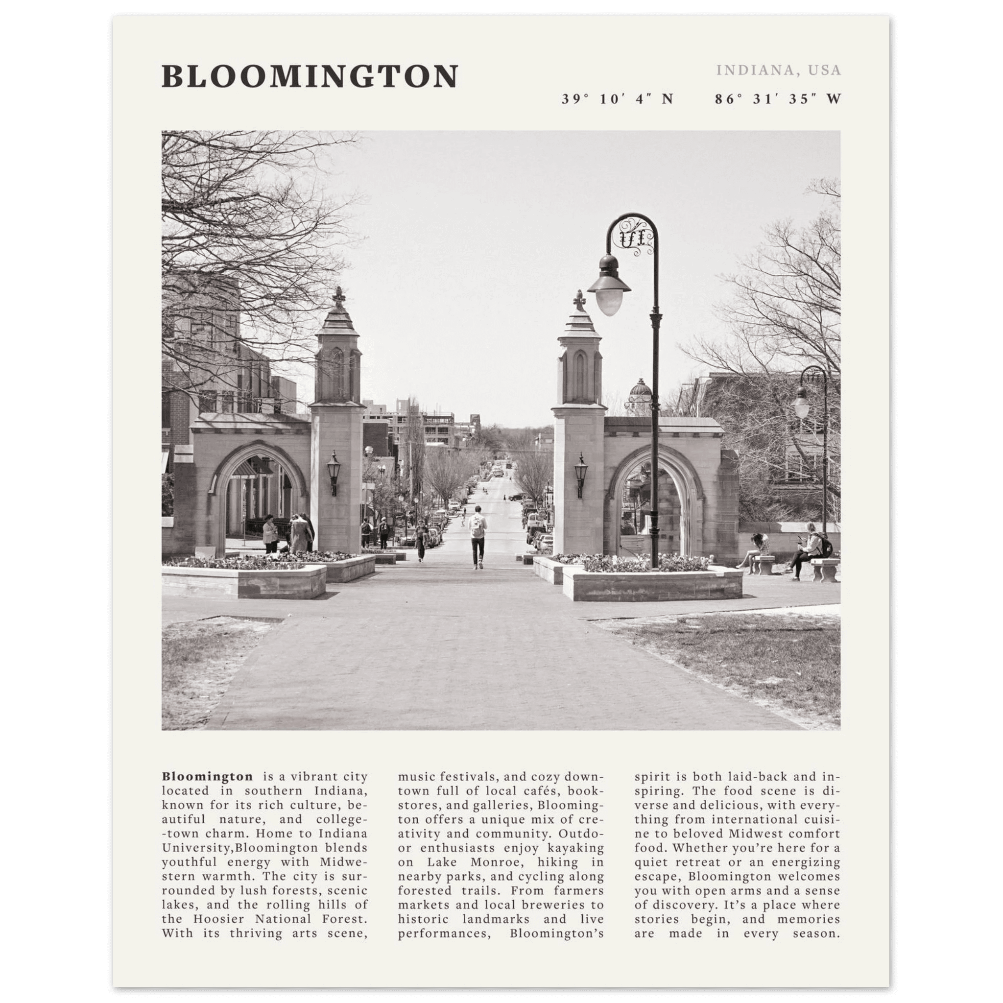Bloomington Indiana Black and White Vintage Poster - Evergreen Posters