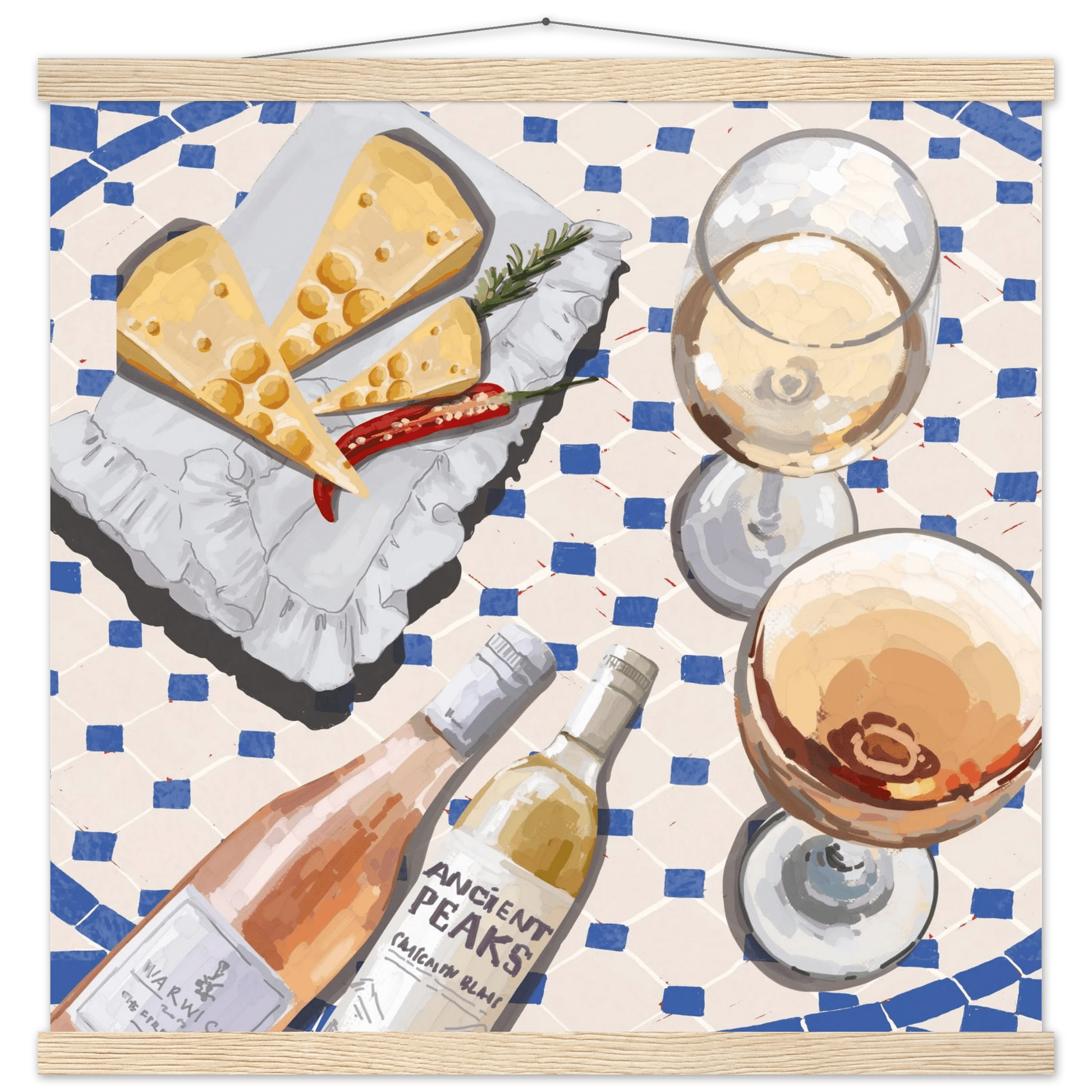 Wine & Cheese Poster | Food Wall Art | Blue Tile Square Kitchen Print - Evergreen Posters - 36
