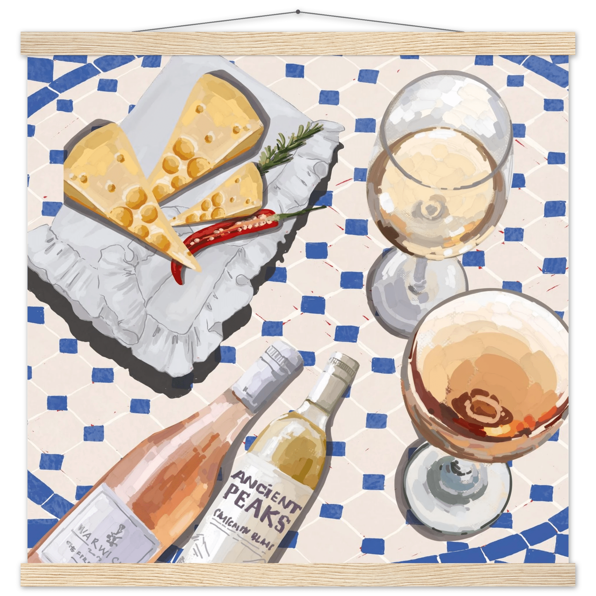 Wine & Cheese Poster | Food Wall Art | Blue Tile Square Kitchen Print - Evergreen Posters - 36