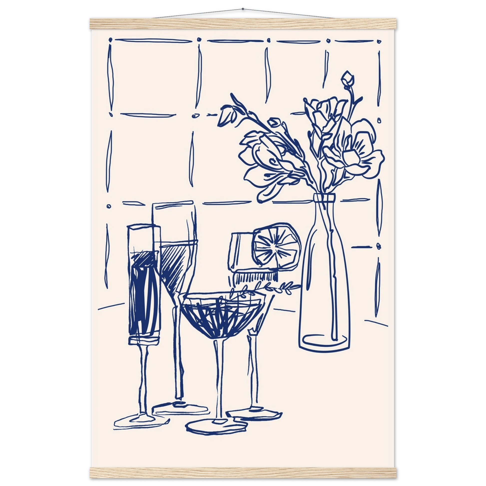 Cocktails & Flowers Print | Navy Blue Line Art Drinks Wall Art | Kitchen Bar Poster - Evergreen Posters