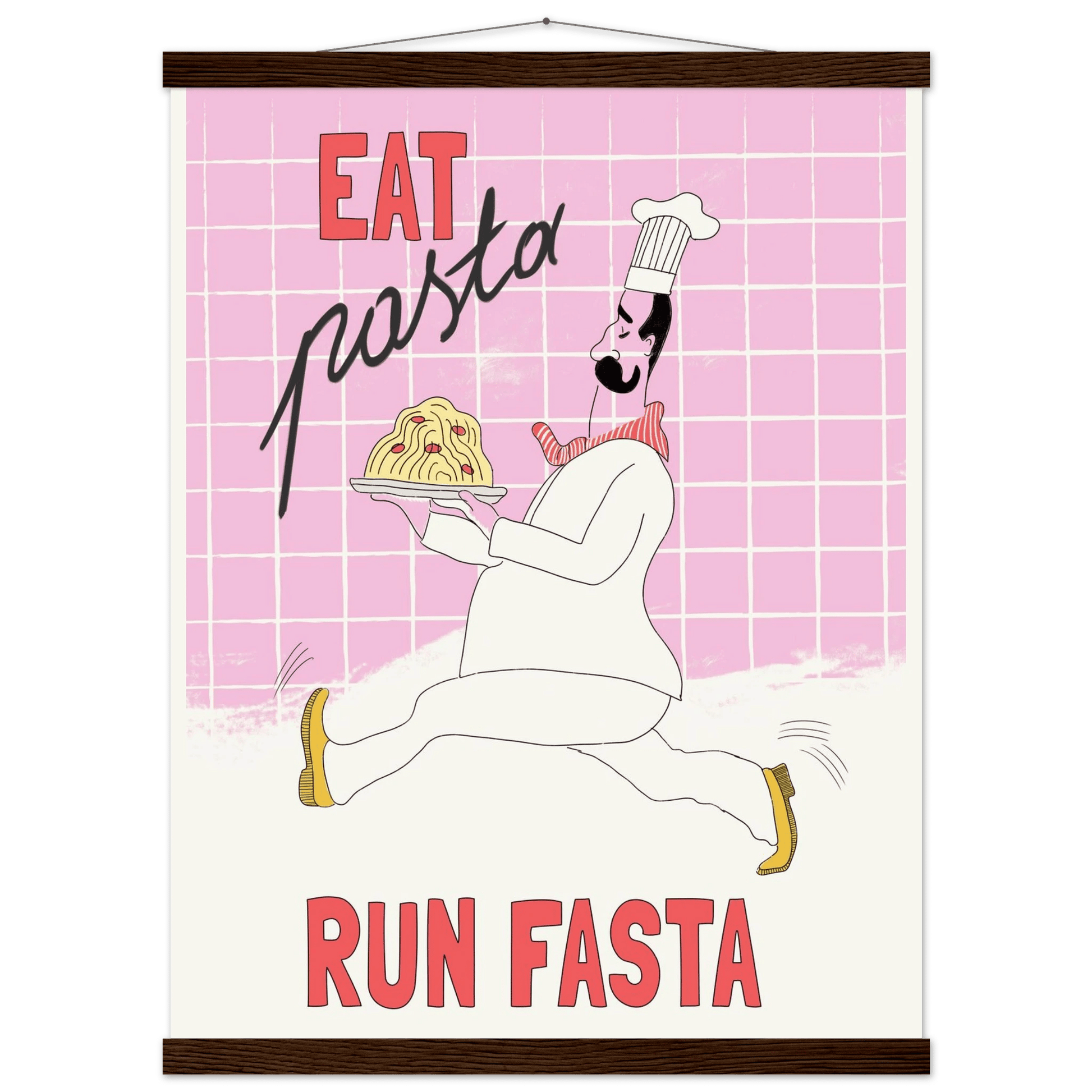 Eat Pasta Run Fasta Poster – Playful Kitchen Wall Art Print (Light Pink) - Evergreen Posters