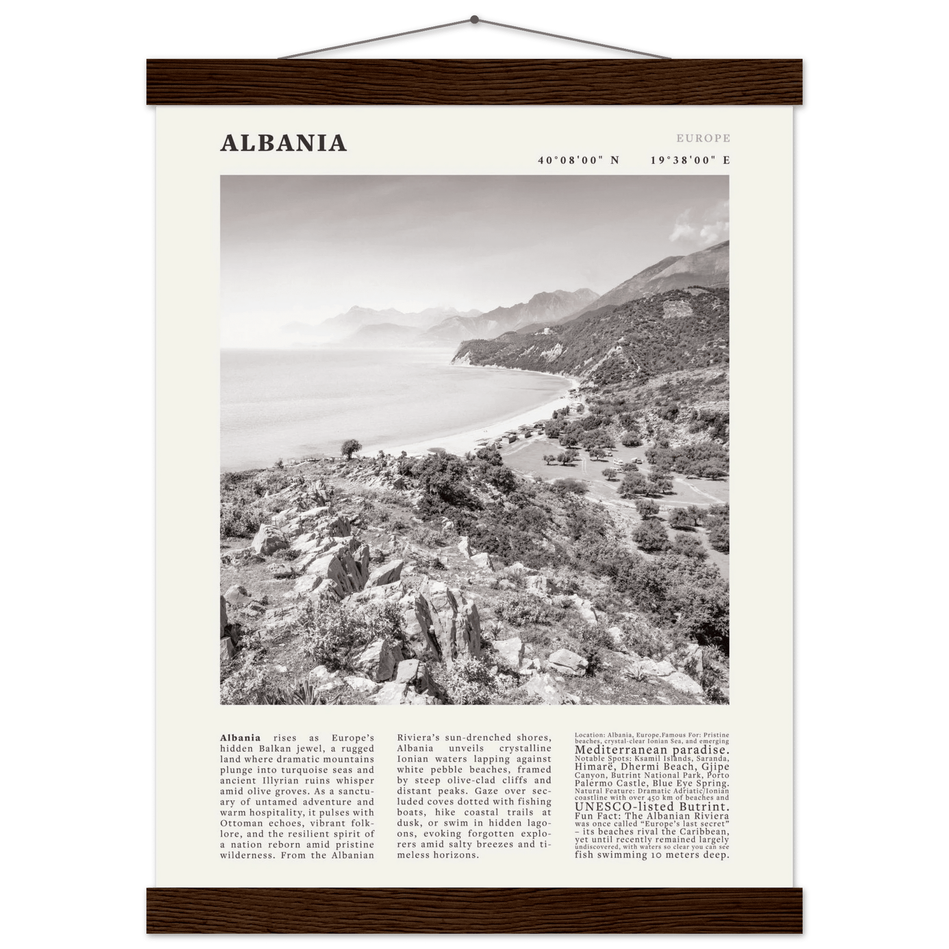 Albania Poster Black and White – Vintage Albanian Riviera Travel Print (Digital & Printed Options) - Evergreen Posters