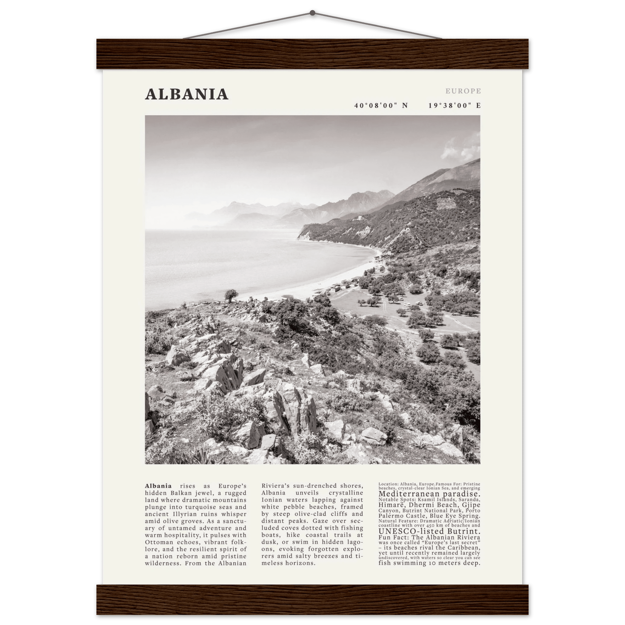 Albania Poster Black and White – Vintage Albanian Riviera Travel Print (Digital & Printed Options) - Evergreen Posters