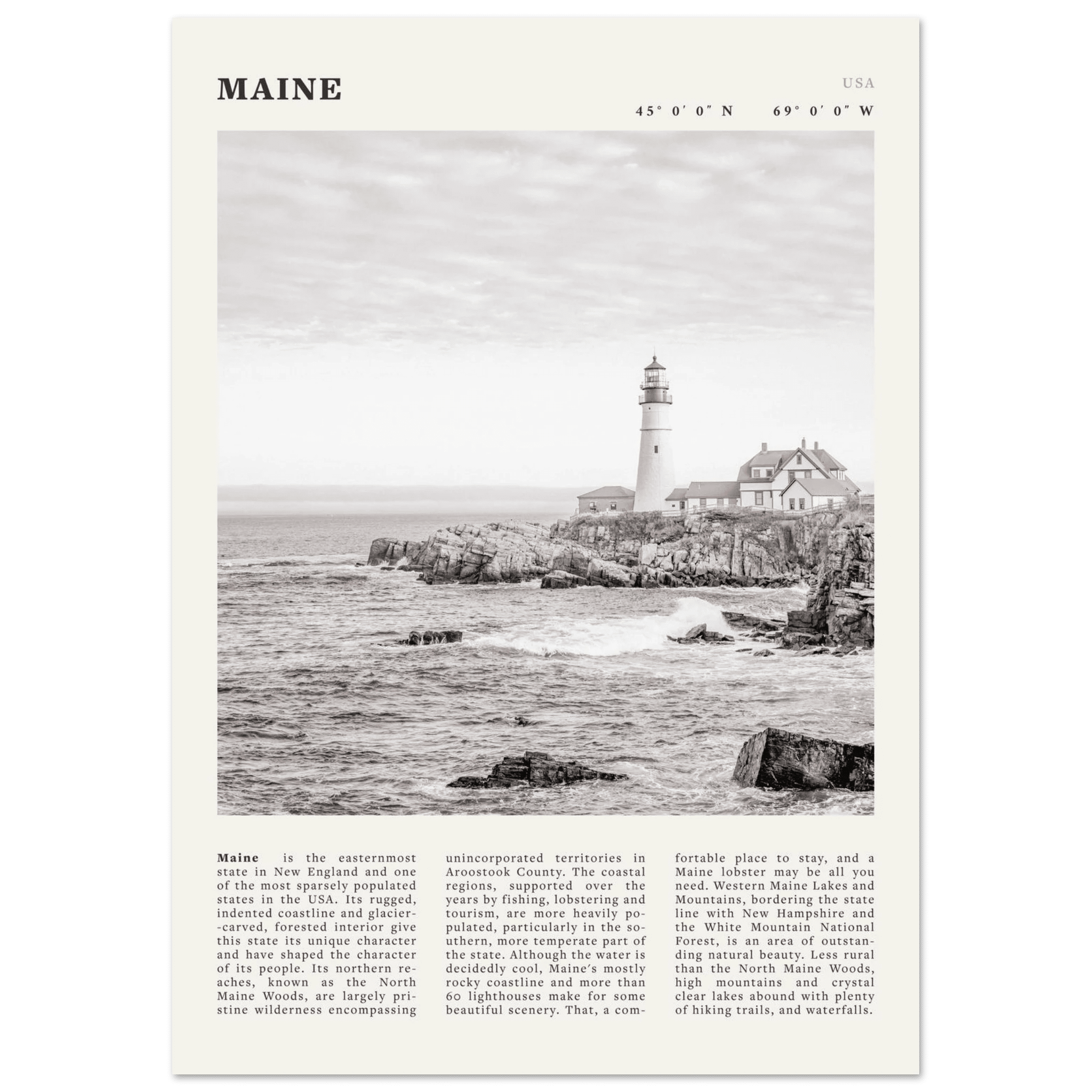 Maine Poster | Black & White Lighthouse Wall Art | New England Coastal Travel Print - Evergreen Posters