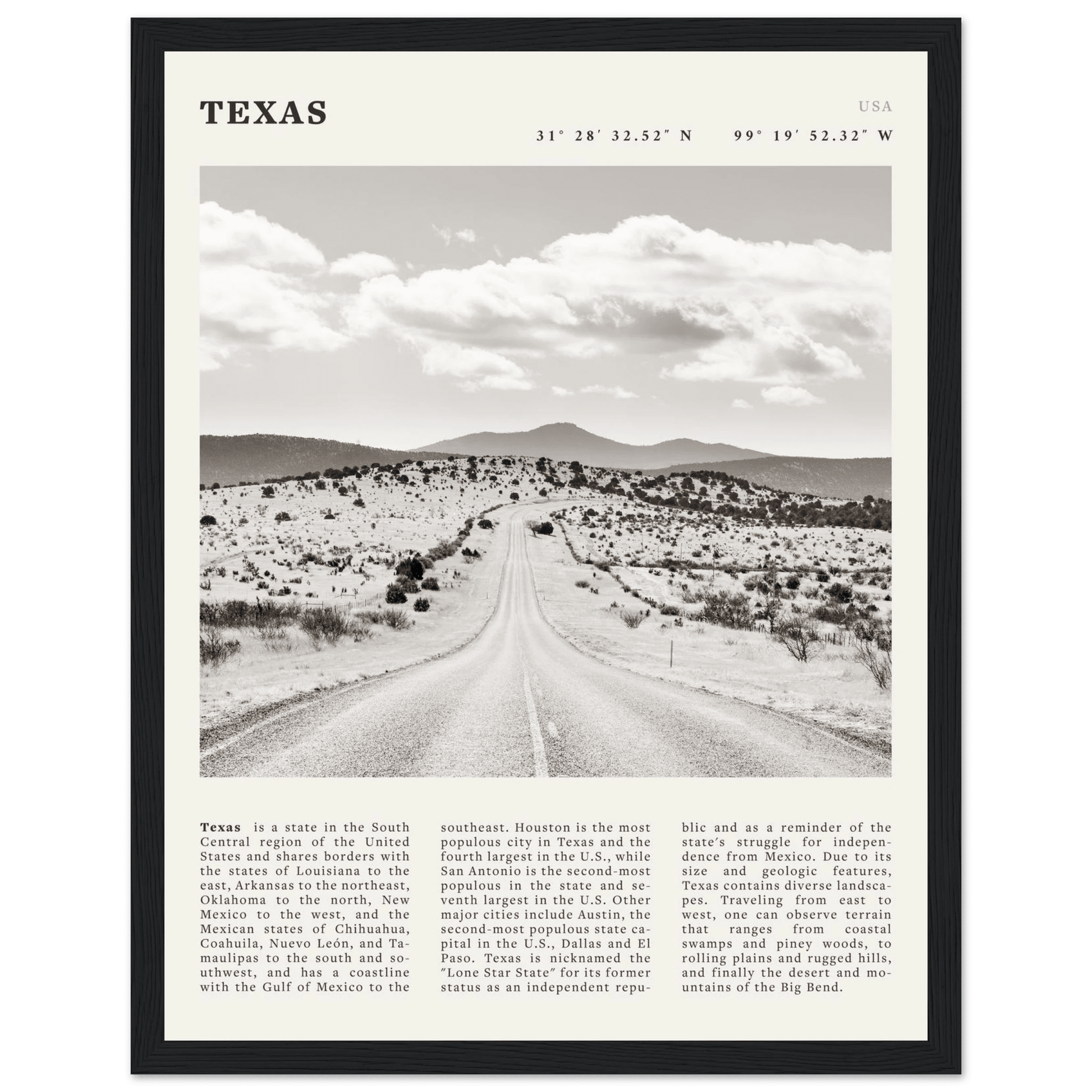 Texas Poster | Black & White Lone Star Road Wall Art | USA Travel Print Decor - Evergreen Posters