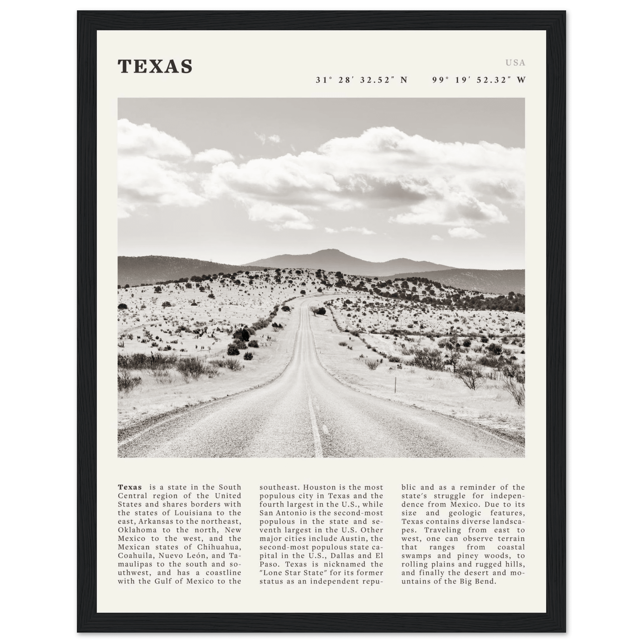 Texas Poster | Black & White Lone Star Road Wall Art | USA Travel Print Decor - Evergreen Posters
