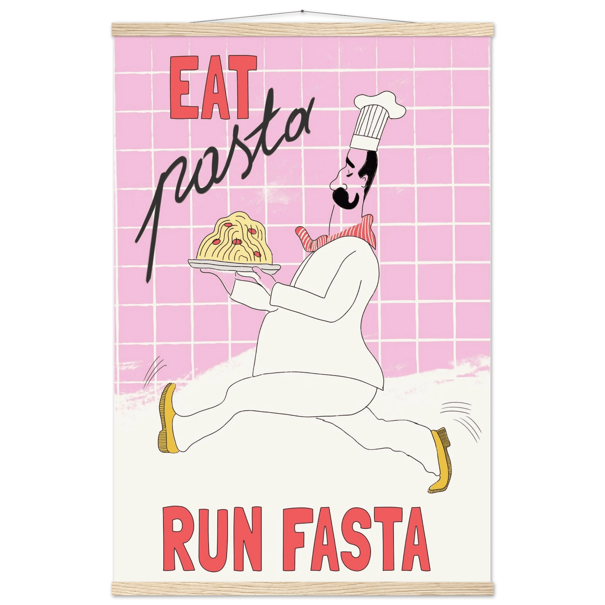 Eat Pasta Run Fasta Poster – Playful Kitchen Wall Art Print (Light Pink) - Evergreen Posters