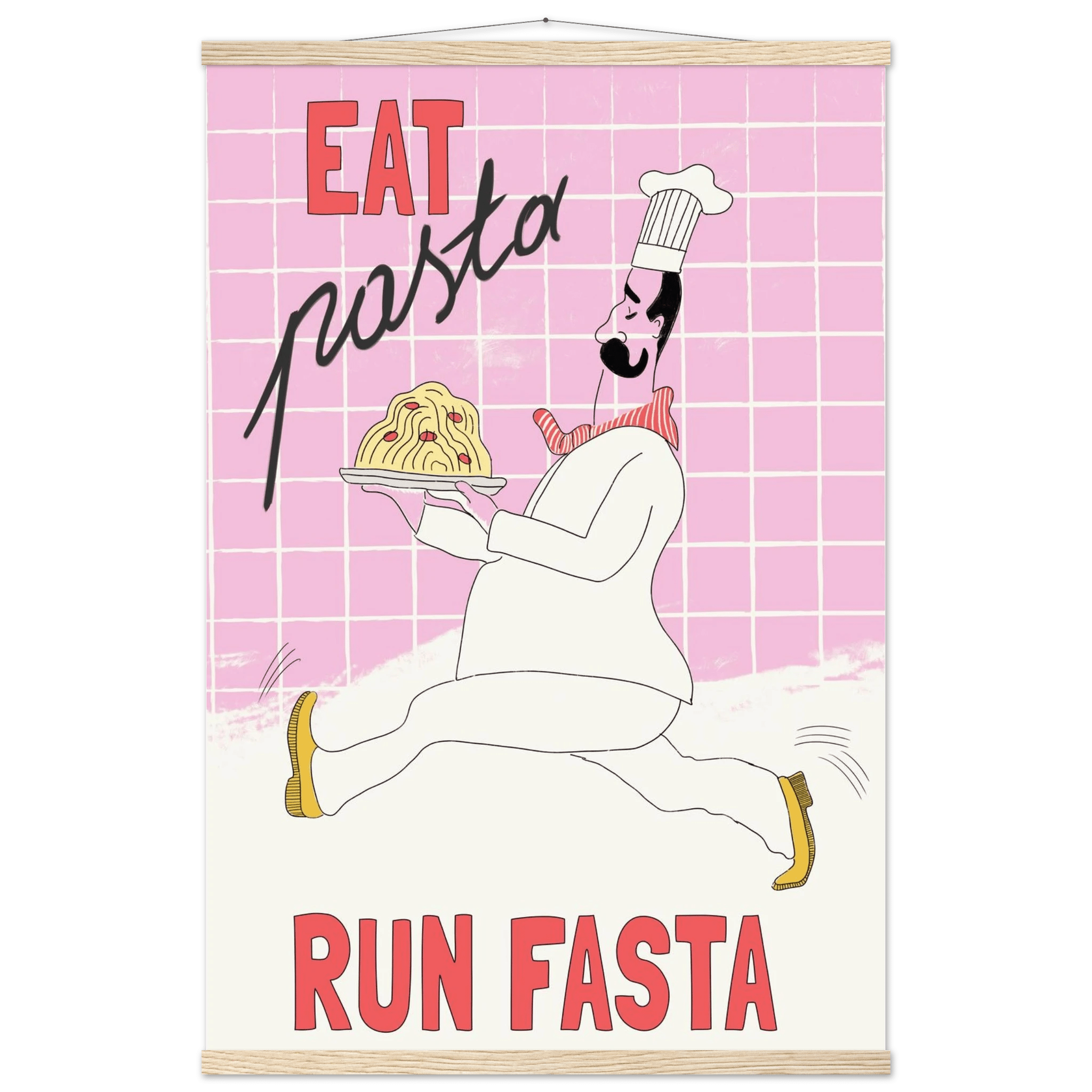 Eat Pasta Run Fasta Poster – Playful Kitchen Wall Art Print (Light Pink) - Evergreen Posters