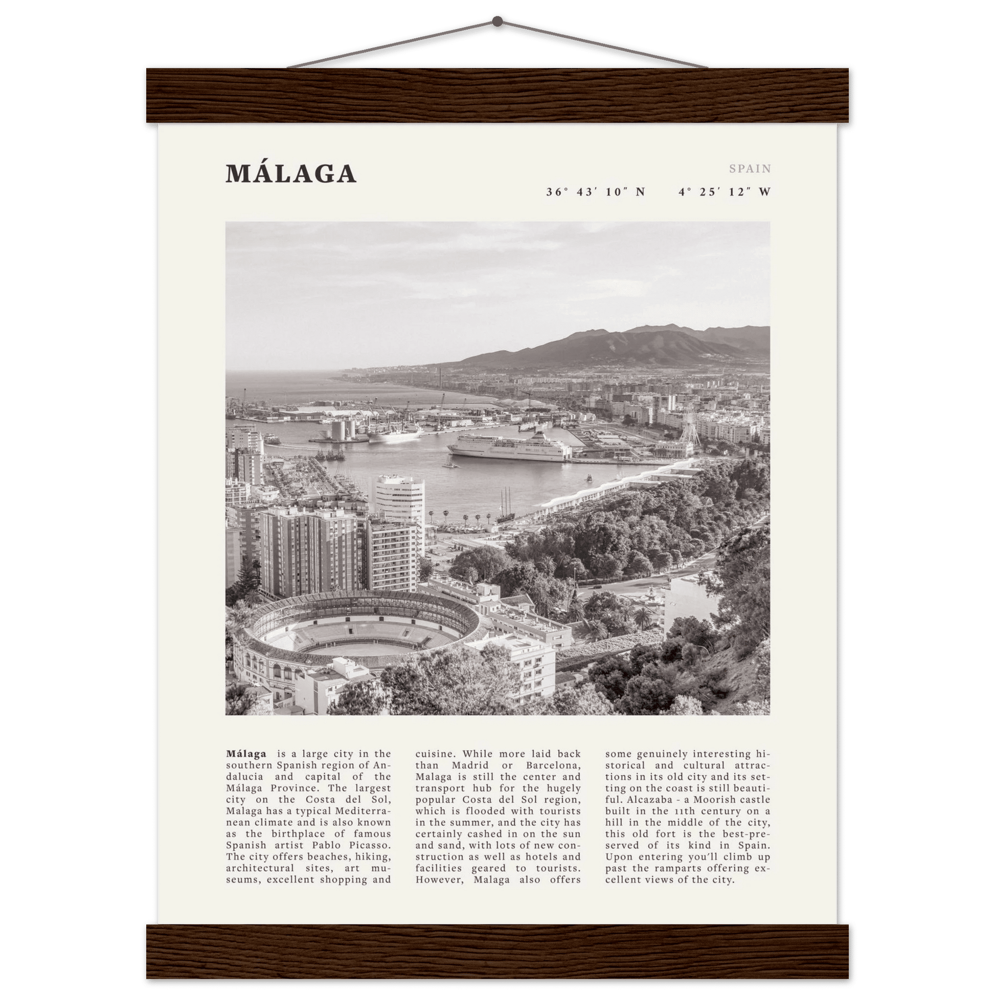 Málaga Poster | Black & White Costa del Sol Wall Art | Spain Travel Print - Evergreen Posters