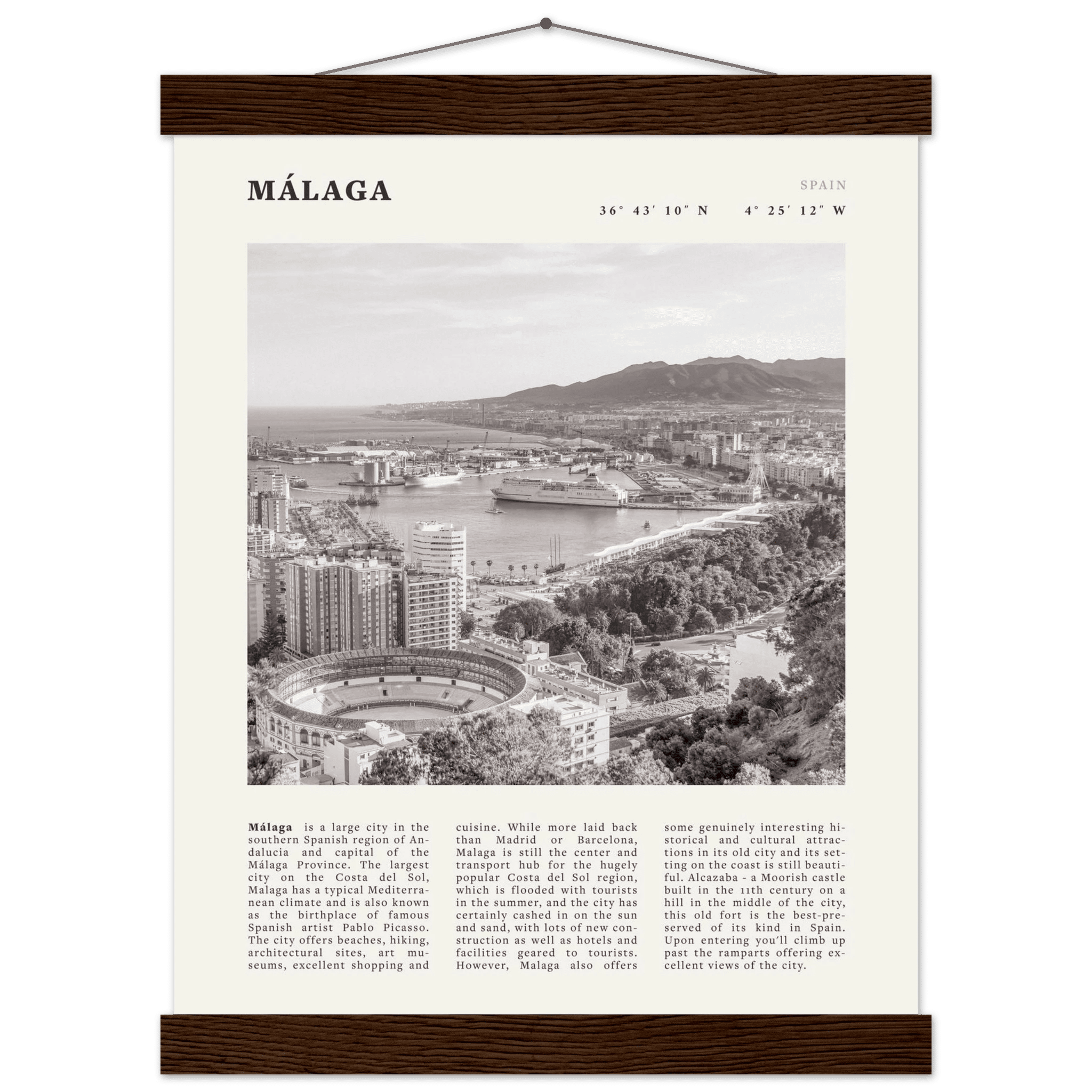 Málaga Poster | Black & White Costa del Sol Wall Art | Spain Travel Print - Evergreen Posters