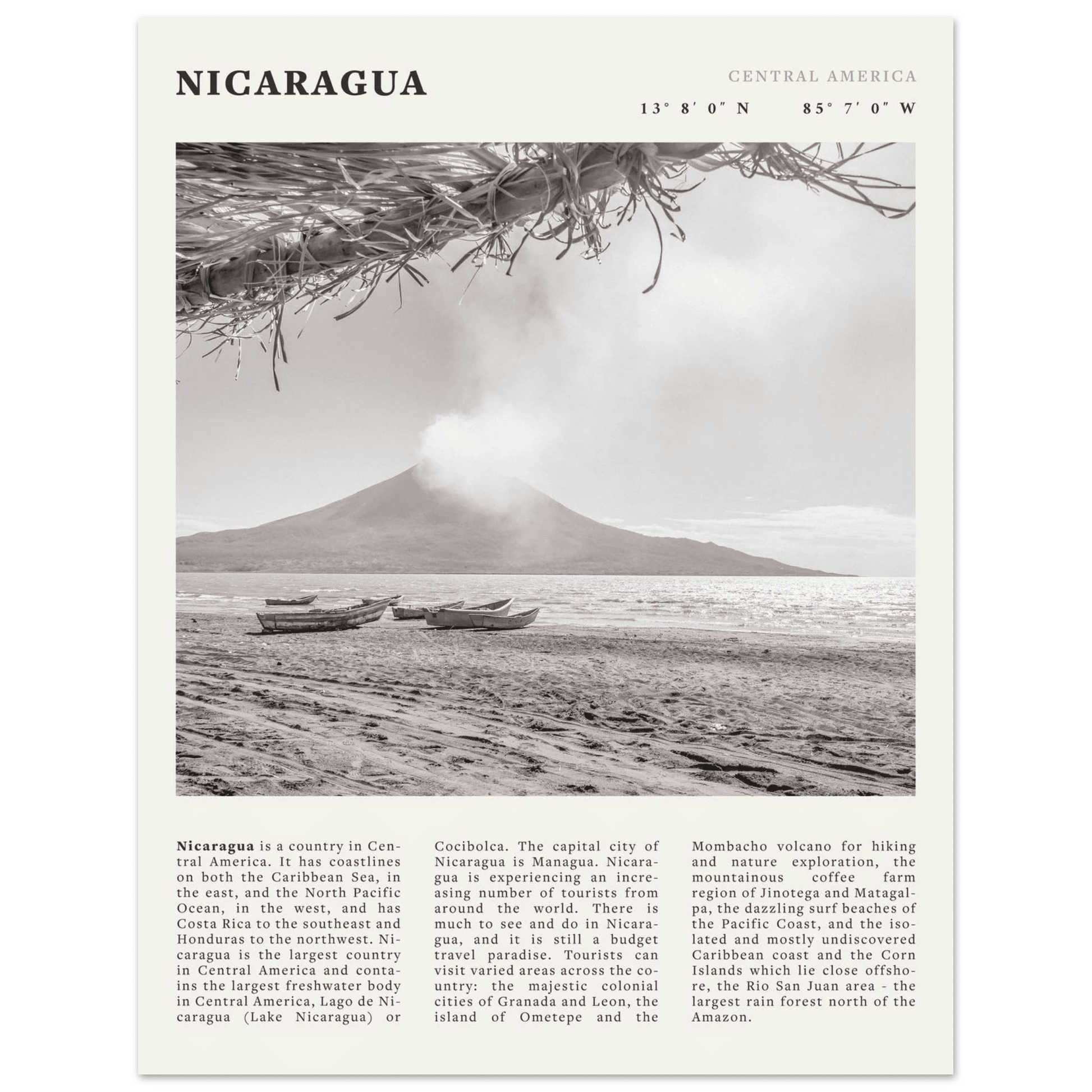 Nicaragua Poster | Black & White Volcano Wall Art | Central America Travel Print - Evergreen Posters