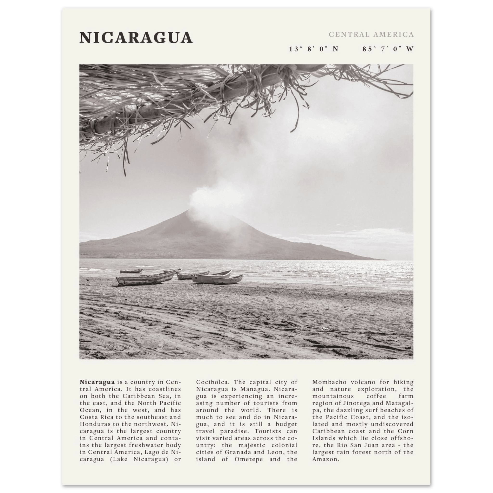 Nicaragua Poster | Black & White Volcano Wall Art | Central America Travel Print - Evergreen Posters