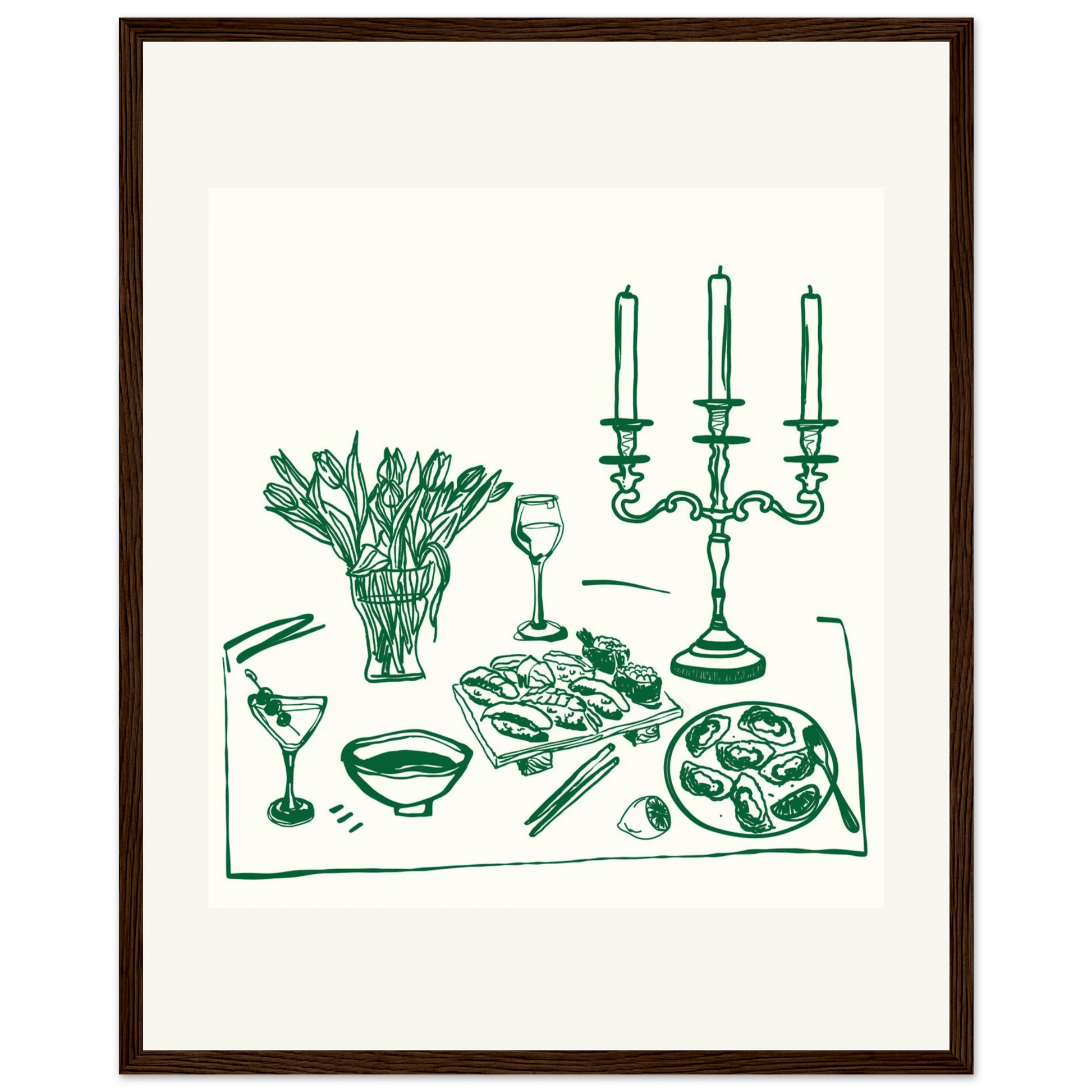 Fine Dining Table Print | Green Line Art Kitchen Wall Art | Elegant Dining Room Poster - Evergreen Posters