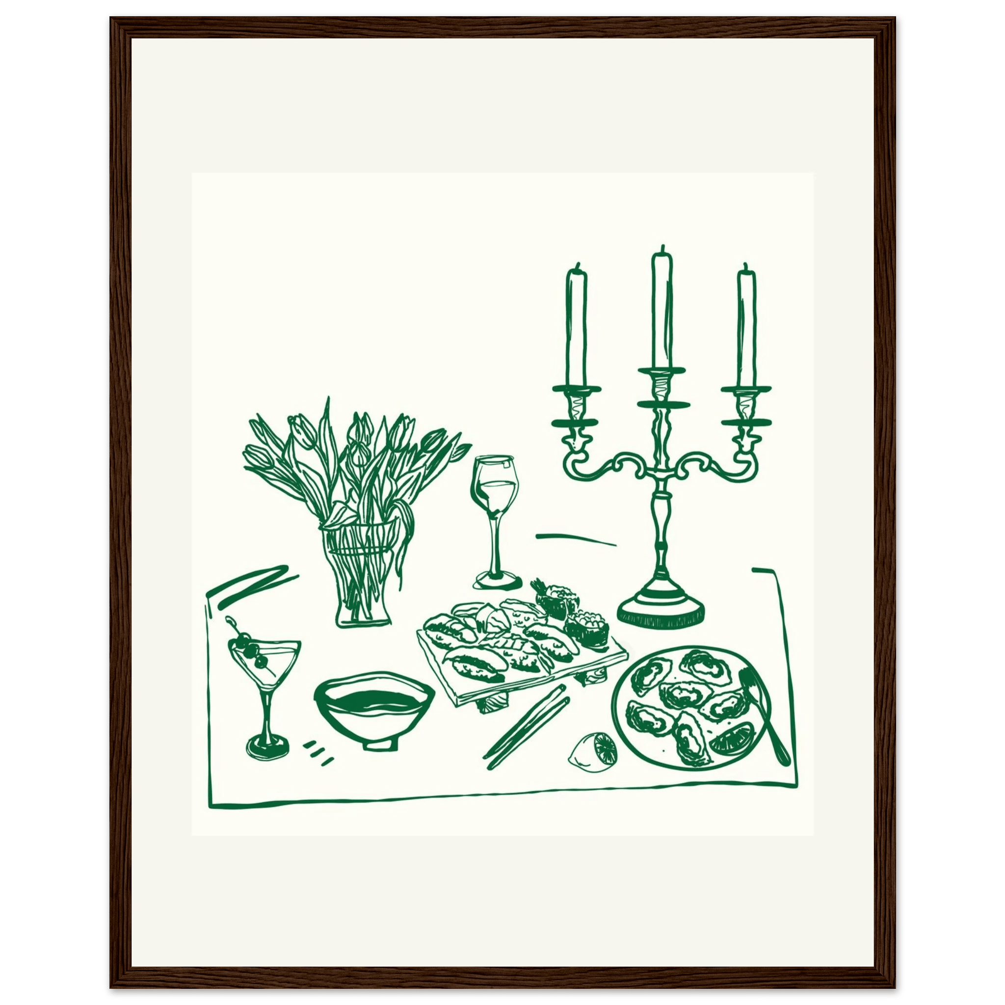 Fine Dining Table Print | Green Line Art Kitchen Wall Art | Elegant Dining Room Poster - Evergreen Posters