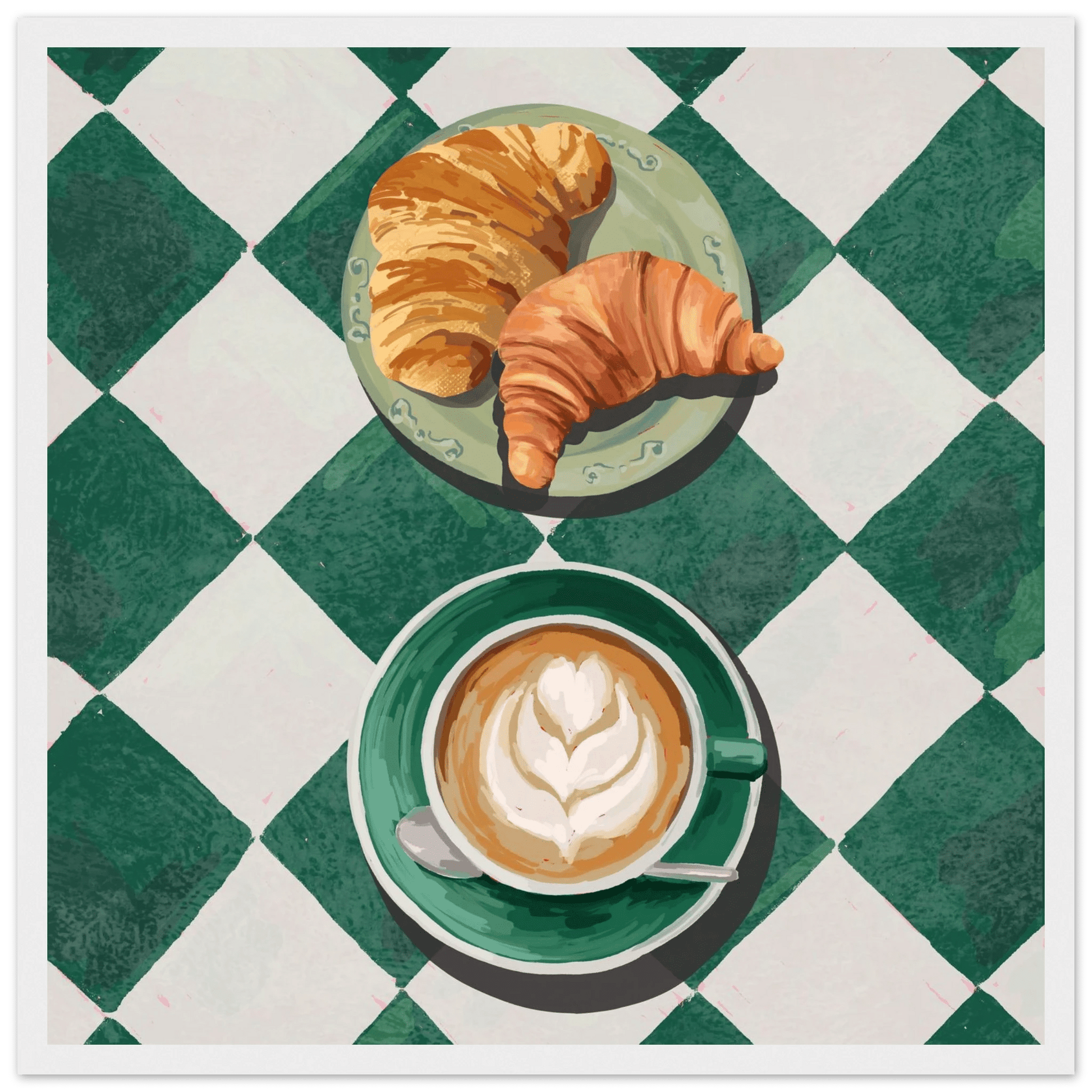 Croissant & Latte Poster | Classic Kitchen Wall Art | Green Tile Square Breakfast Print - Evergreen Posters - 5