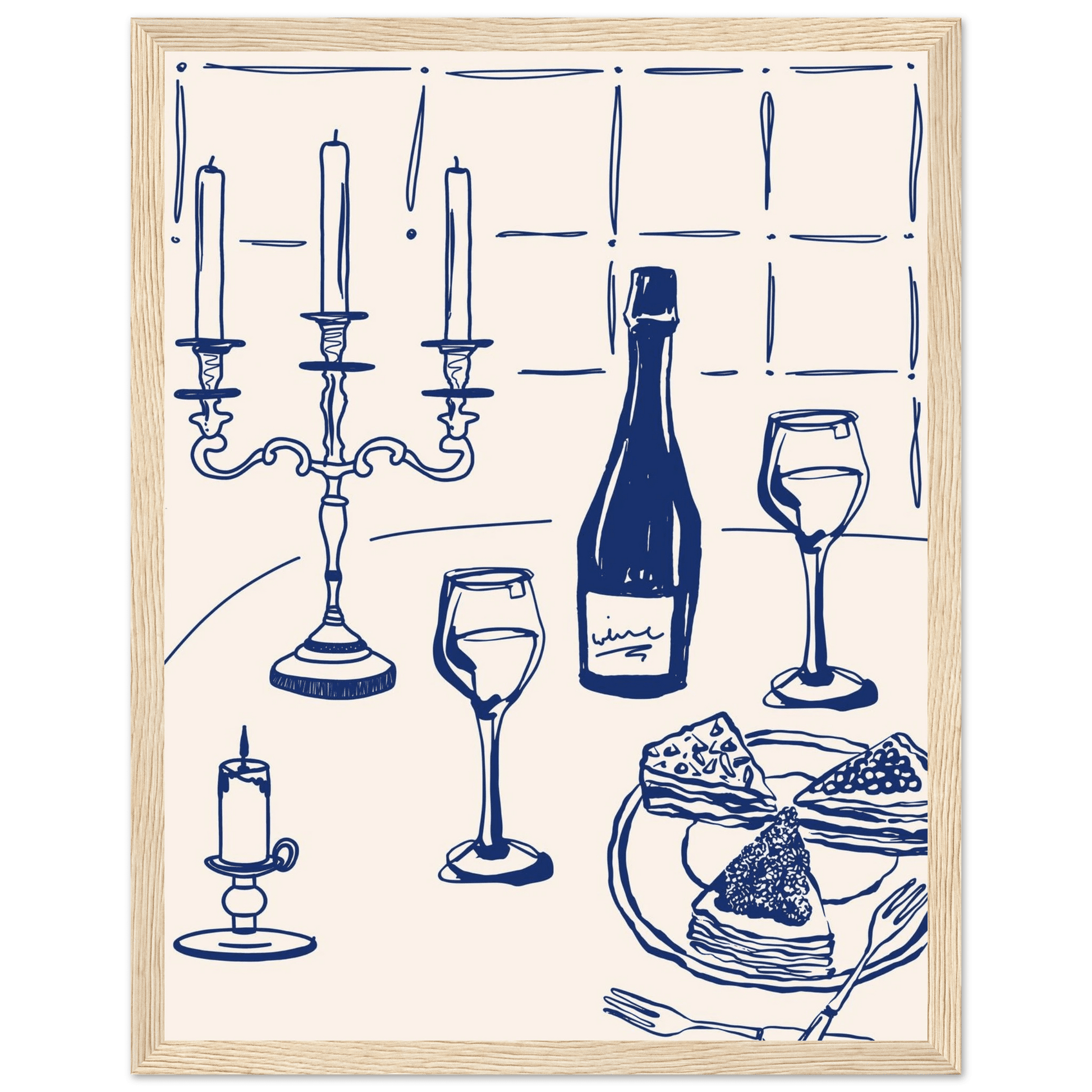 Candlelight Dinner Print | Navy Blue Wine & Candelabra Line Art | Kitchen Poster - Evergreen Posters