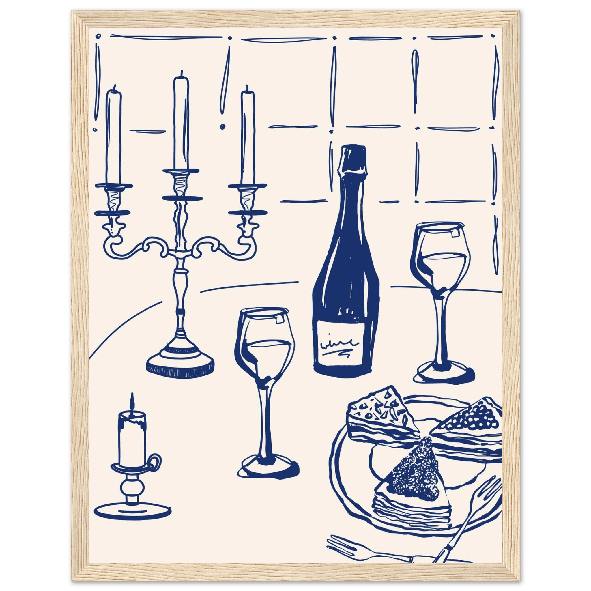 Candlelight Dinner Print | Navy Blue Wine & Candelabra Line Art | Kitchen Poster - Evergreen Posters