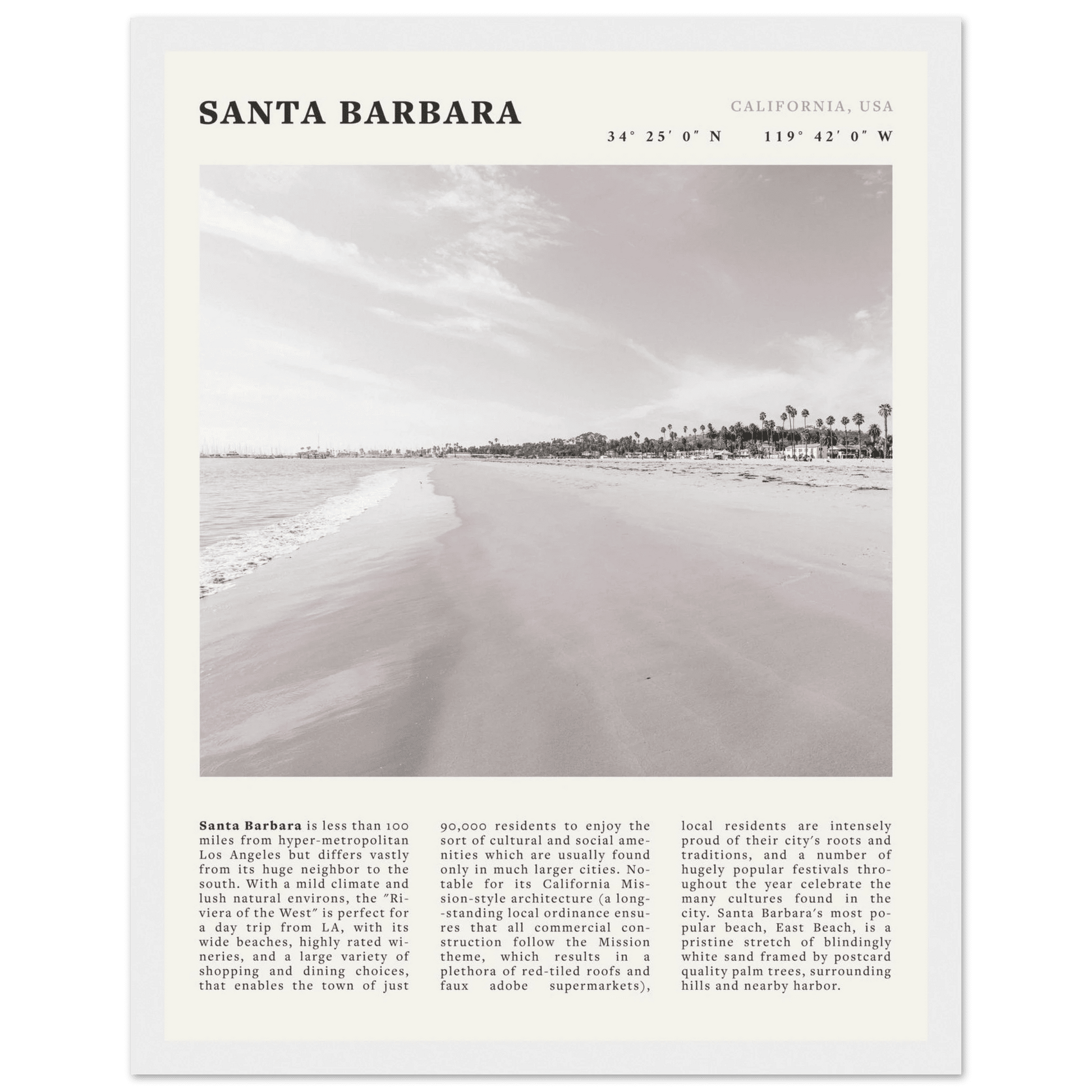 Santa Barbara Poster | Black & White California Beach Wall Art | CA Travel Print - Evergreen Posters