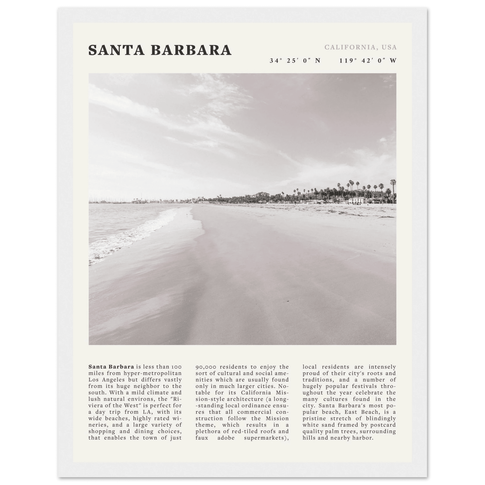 Santa Barbara Poster | Black & White California Beach Wall Art | CA Travel Print - Evergreen Posters