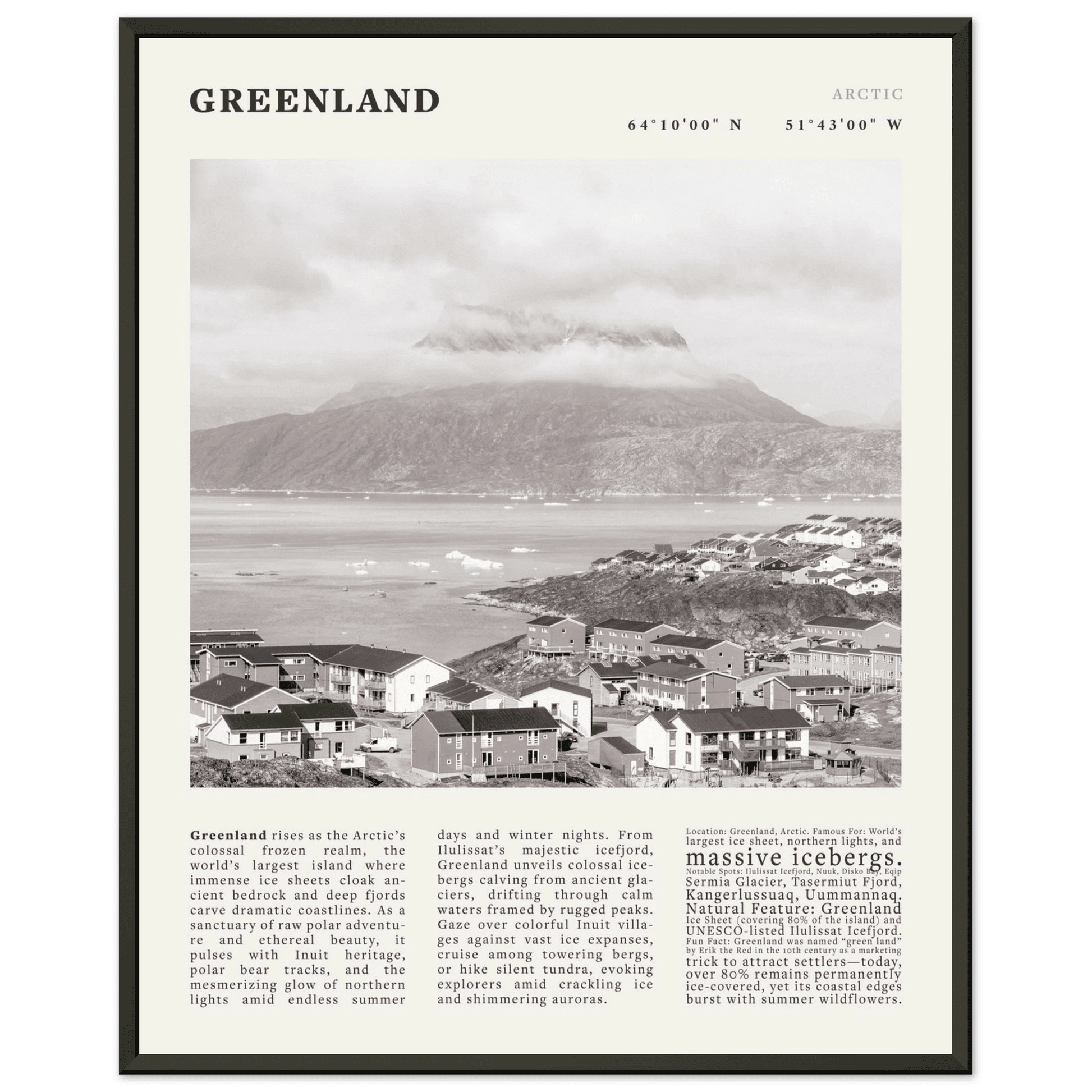 Greenland Poster Black and White – Vintage Arctic Fjord Landscape Print (Digital & Printed Options) - Evergreen Posters