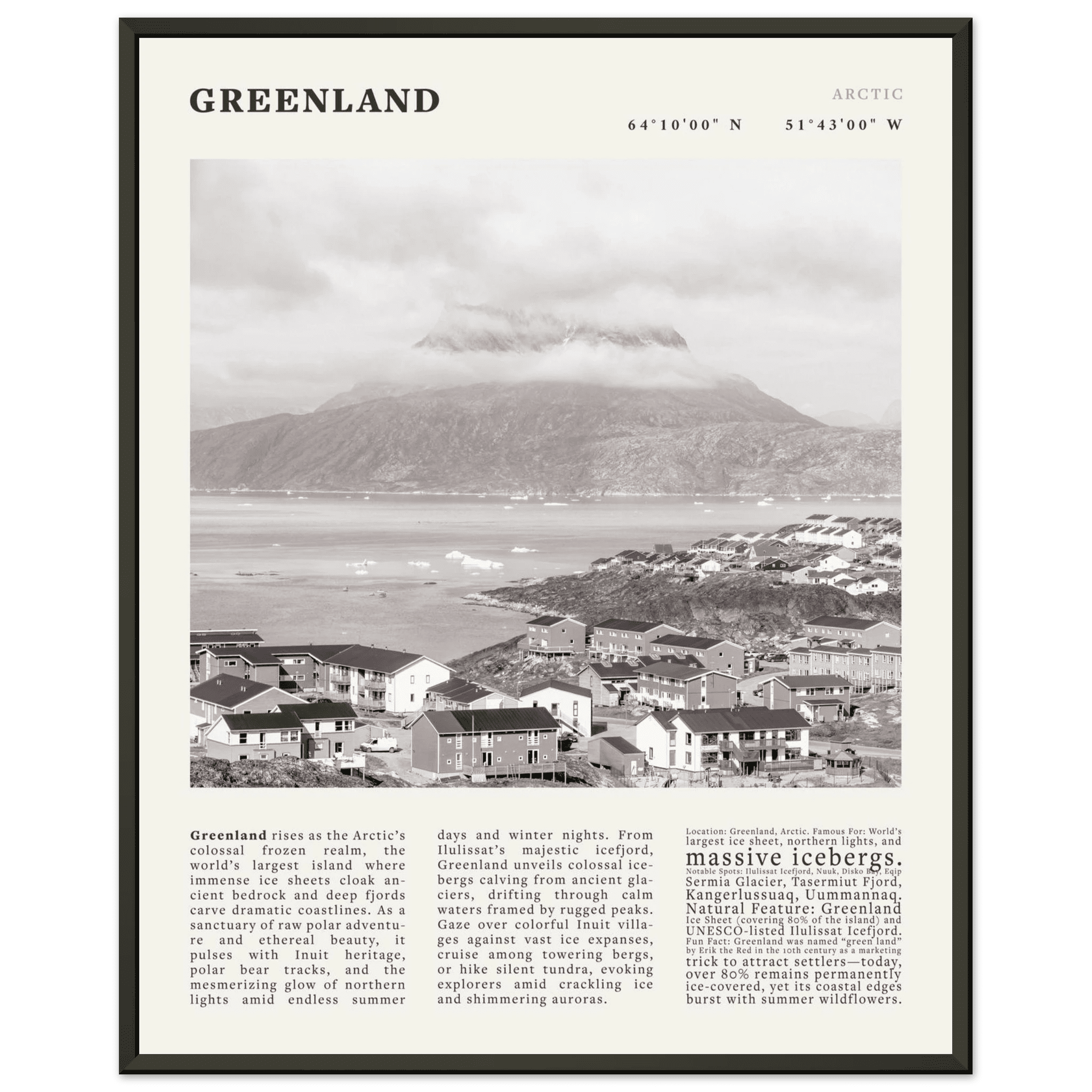 Greenland Poster Black and White – Vintage Arctic Fjord Landscape Print (Digital & Printed Options) - Evergreen Posters