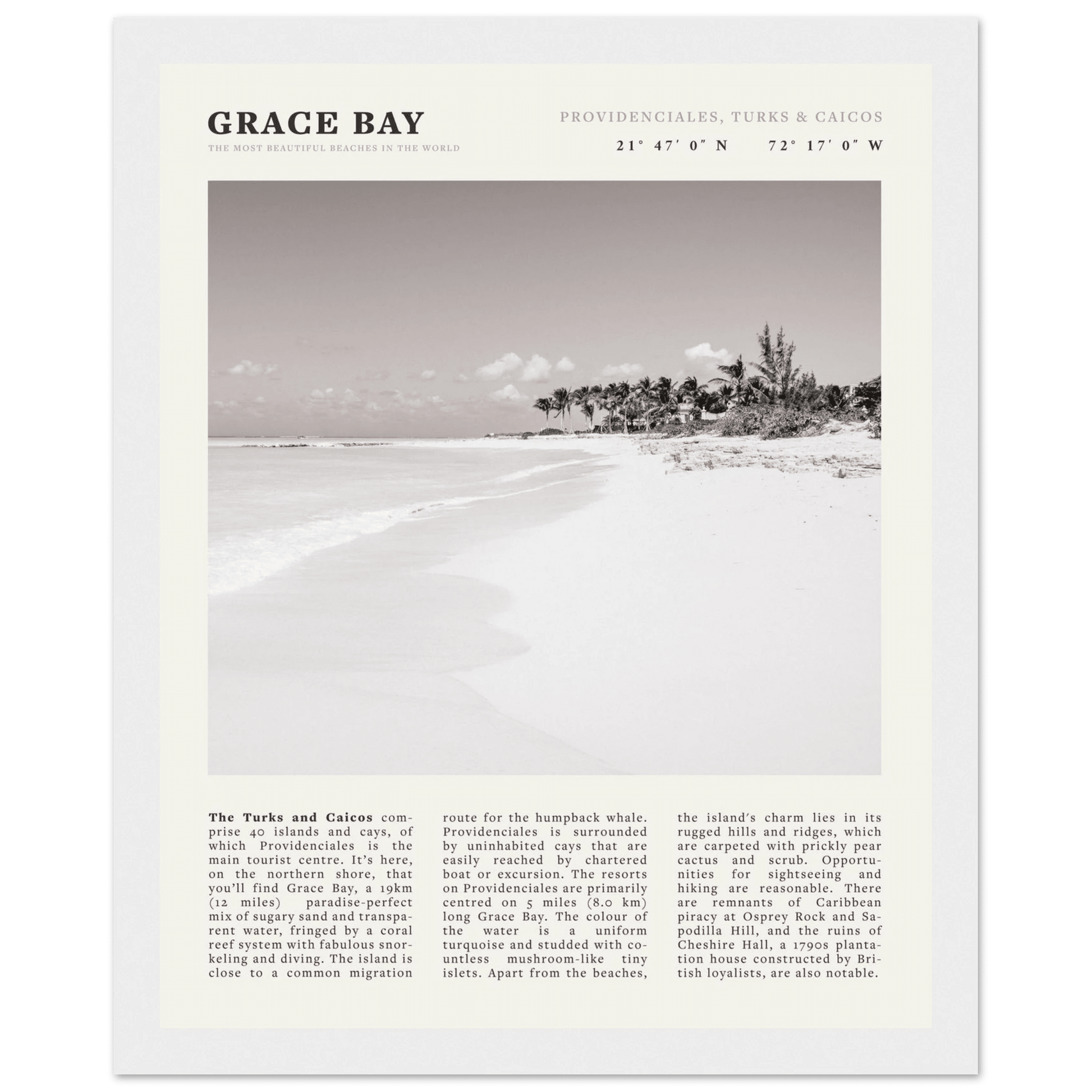 Grace Bay Poster | Black & White Turks & Caicos Wall Art | Caribbean Beach Print - Evergreen Posters