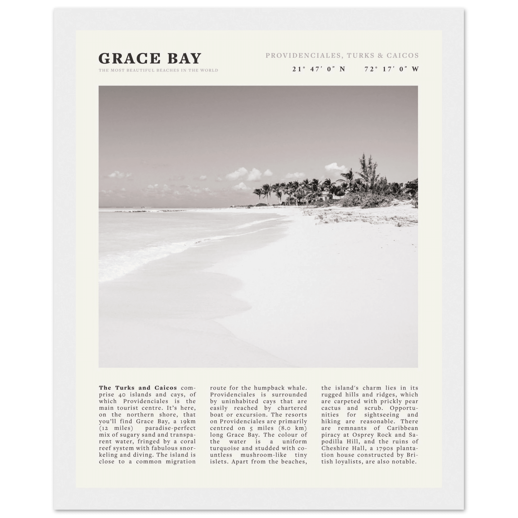 Grace Bay Poster | Black & White Turks & Caicos Wall Art | Caribbean Beach Print - Evergreen Posters