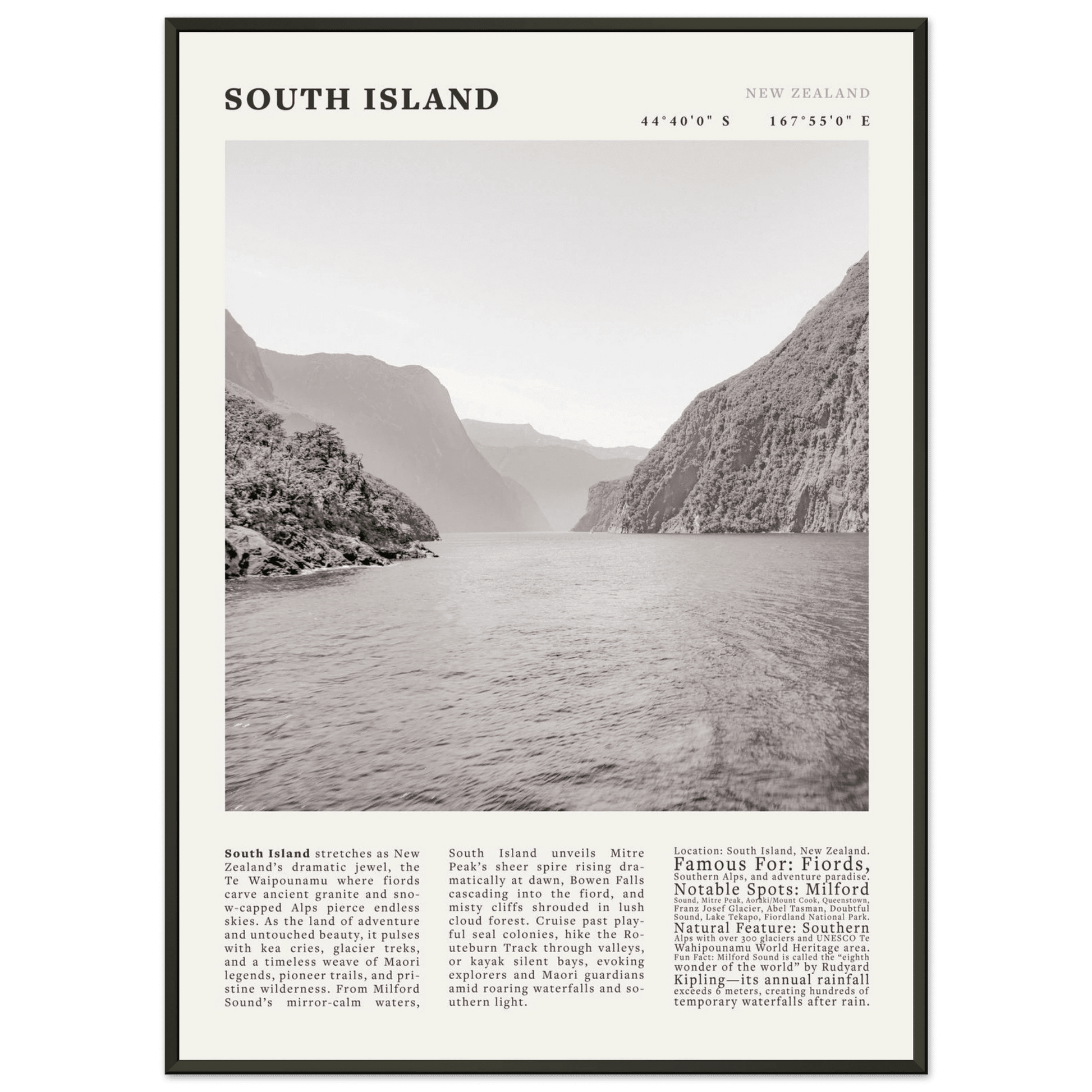 South Island New Zealand Poster Black and White – Vintage Milford Sound Fjord Print - Evergreen Posters