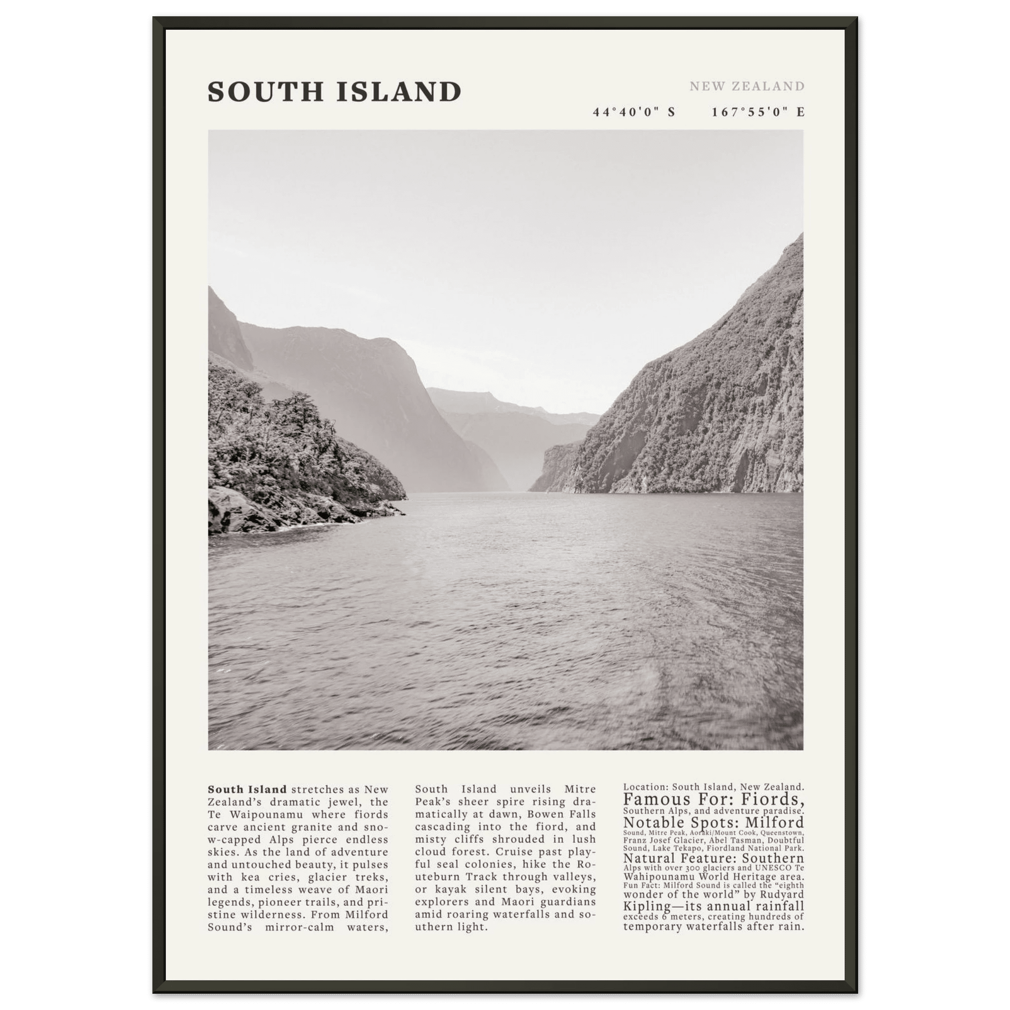 South Island New Zealand Poster Black and White – Vintage Milford Sound Fjord Print - Evergreen Posters