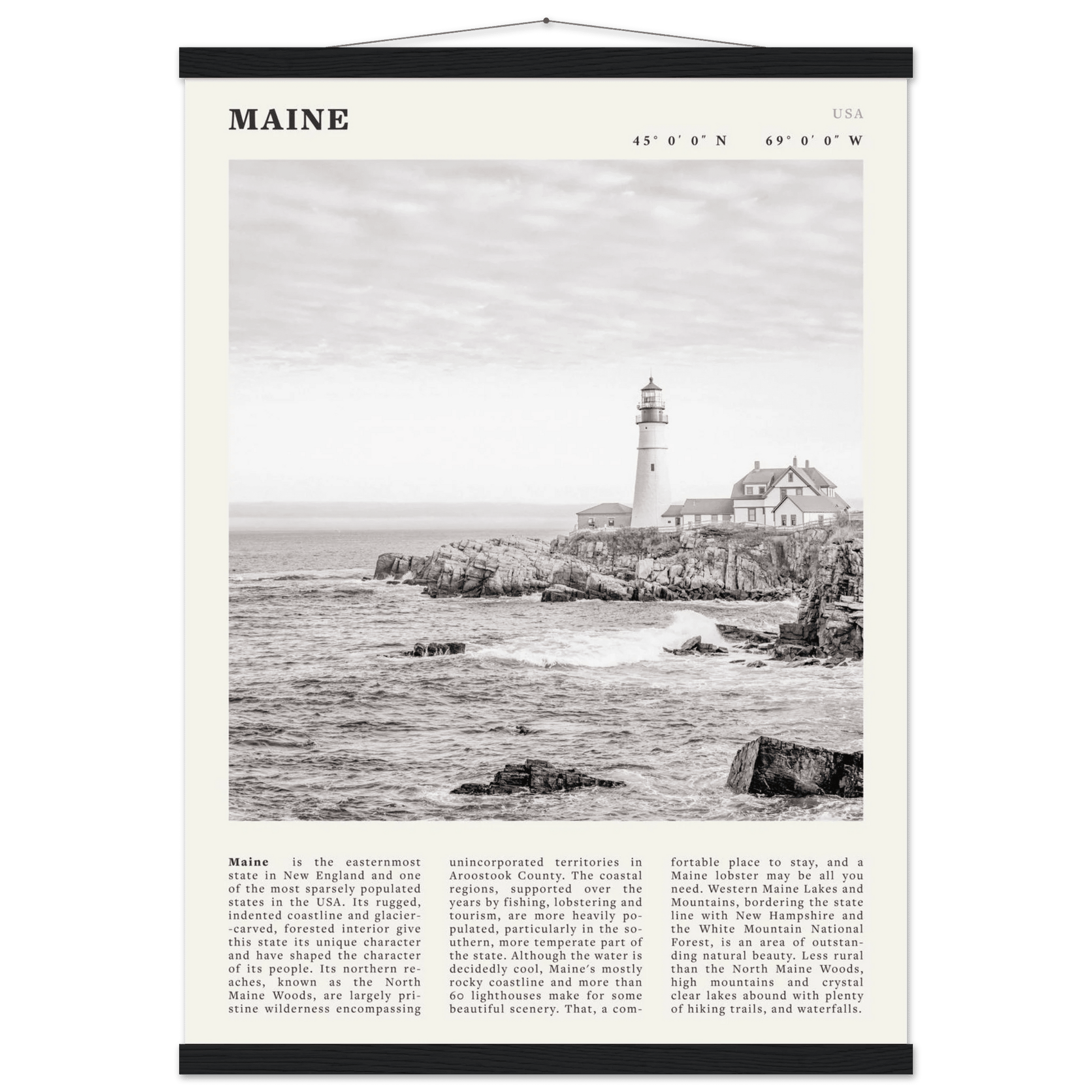 Maine Poster | Black & White Lighthouse Wall Art | New England Coastal Travel Print - Evergreen Posters