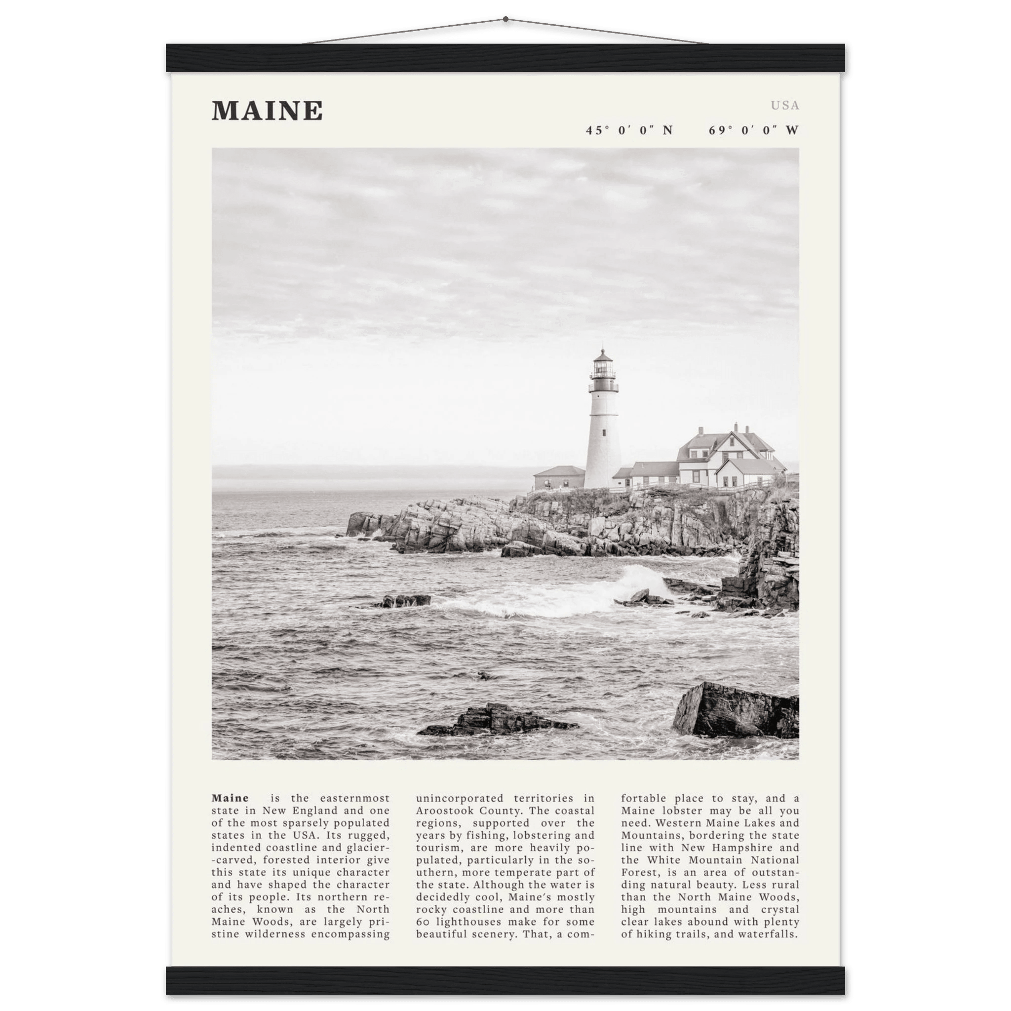 Maine Poster | Black & White Lighthouse Wall Art | New England Coastal Travel Print - Evergreen Posters