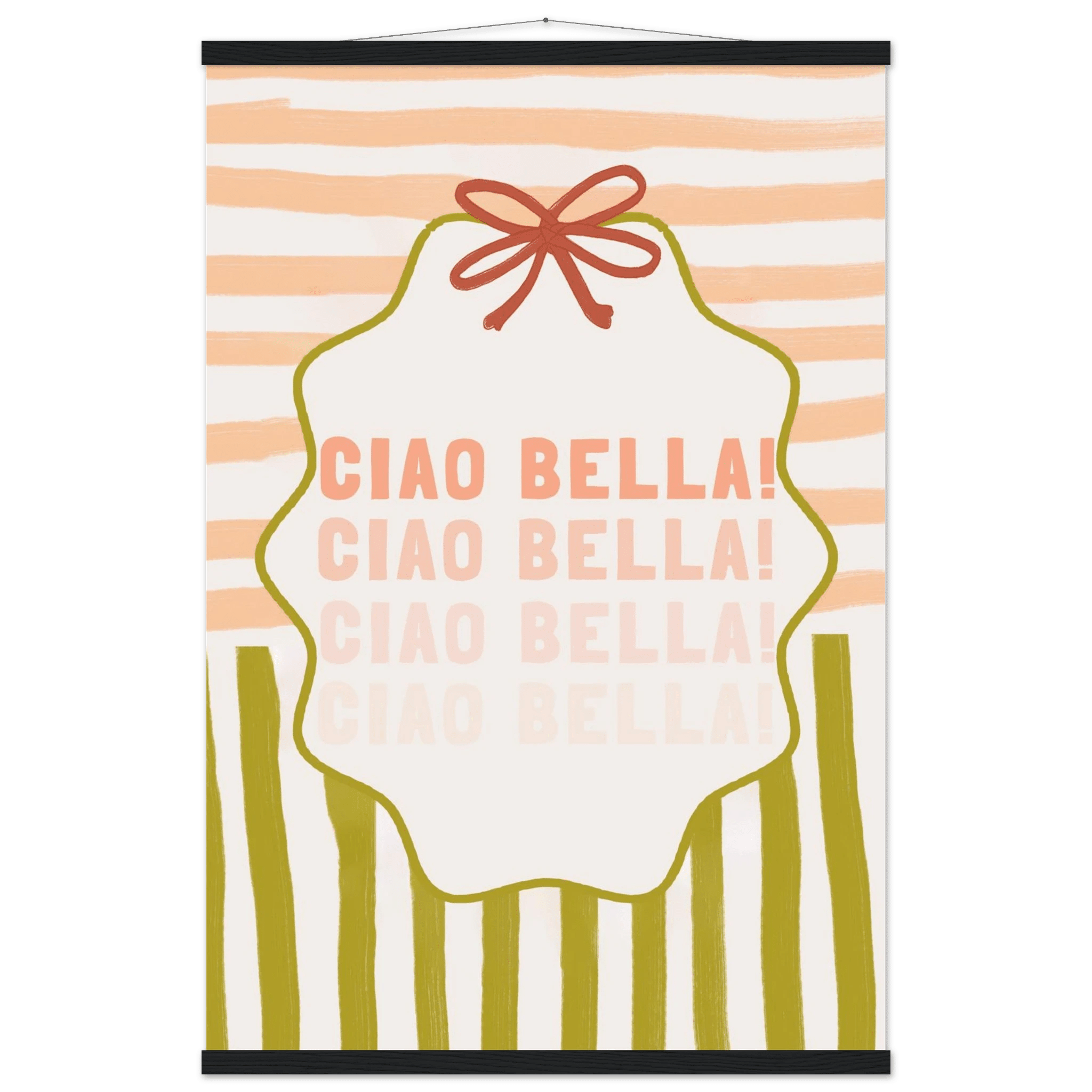 Ciao Bella Poster | Italian Typography Wall Art | Retro Stripe Bow Print | Cute Room Decor - Evergreen Posters