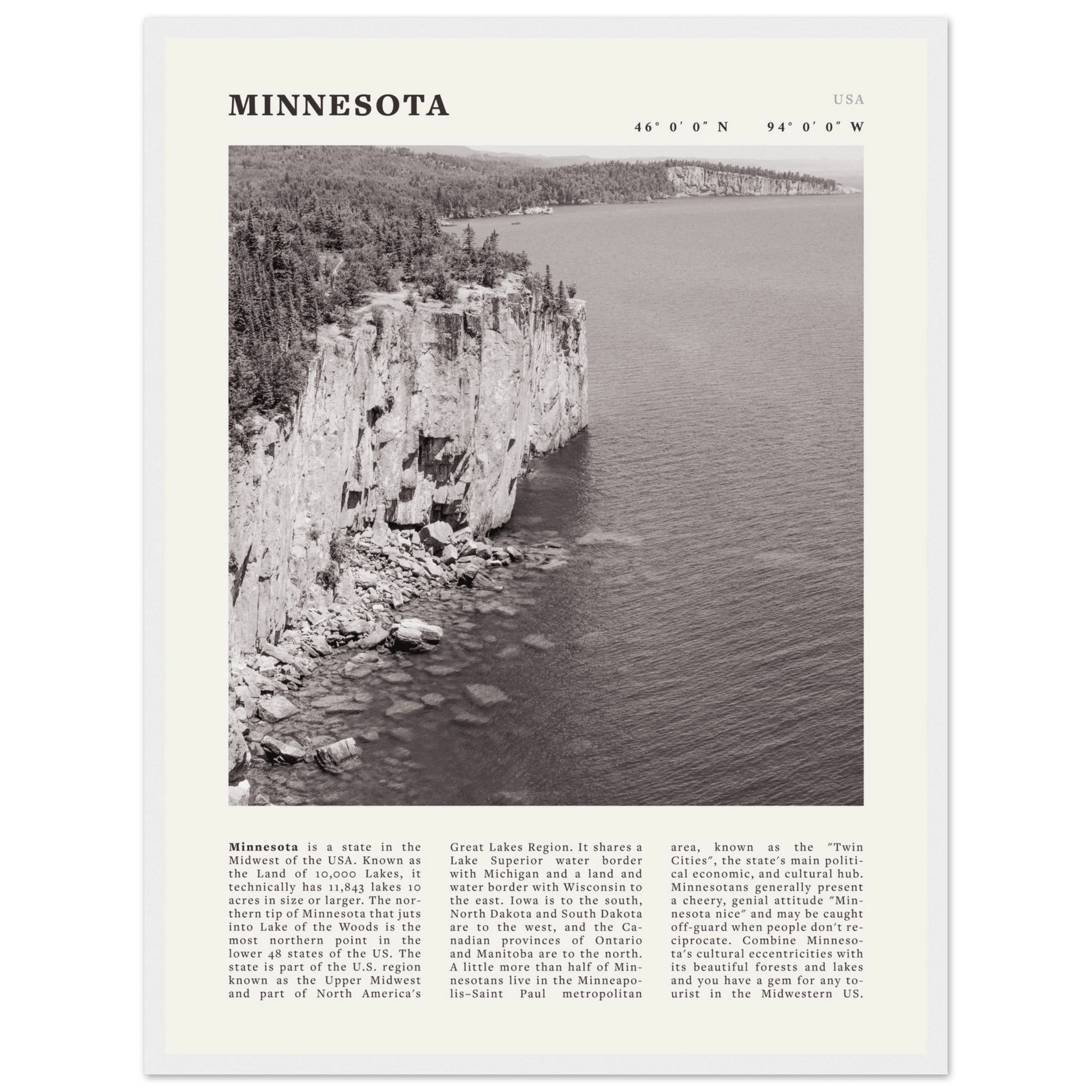 Minnesota Poster | Black & White Lake Superior Wall Art | USA Nature Travel Print - Evergreen Posters