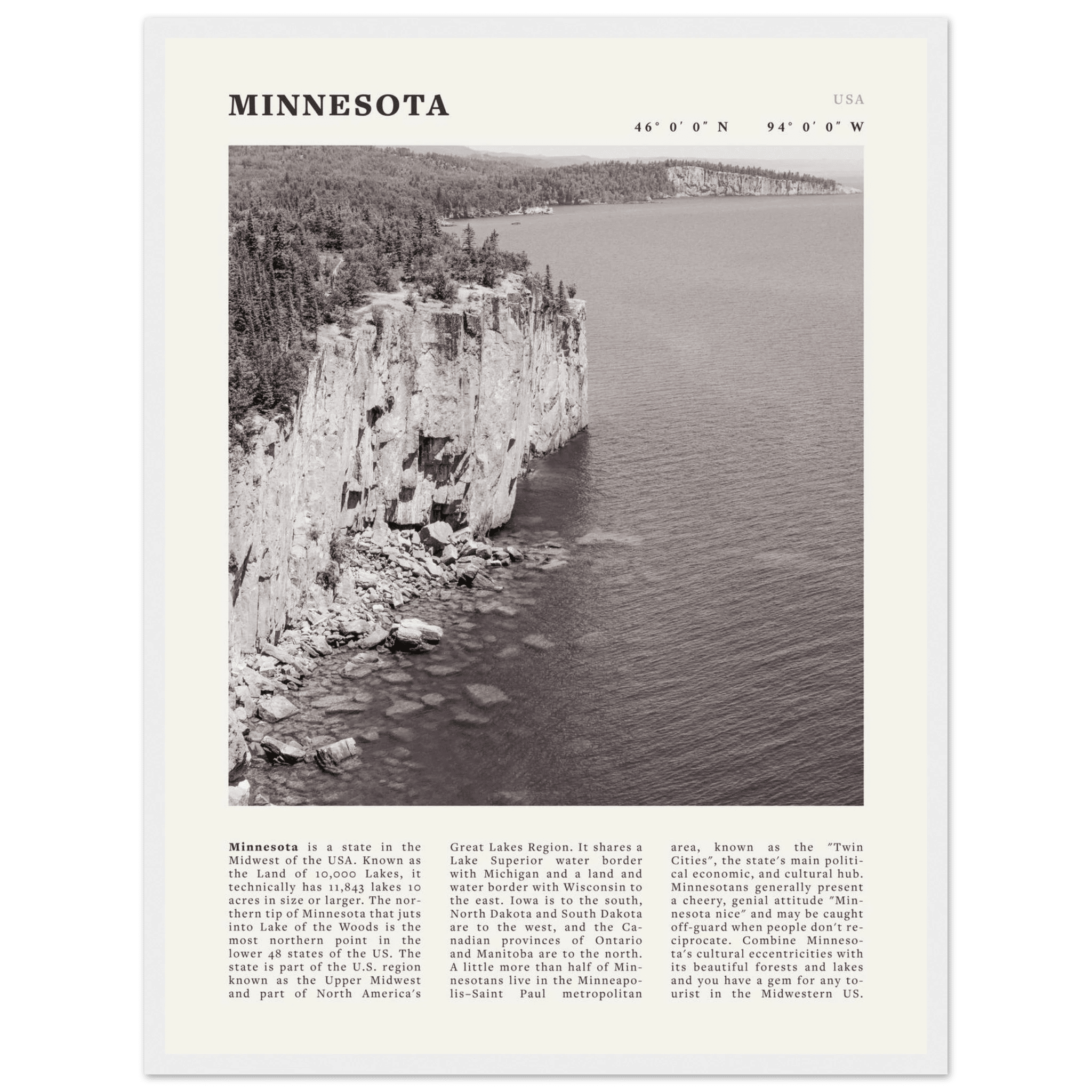 Minnesota Poster | Black & White Lake Superior Wall Art | USA Nature Travel Print - Evergreen Posters