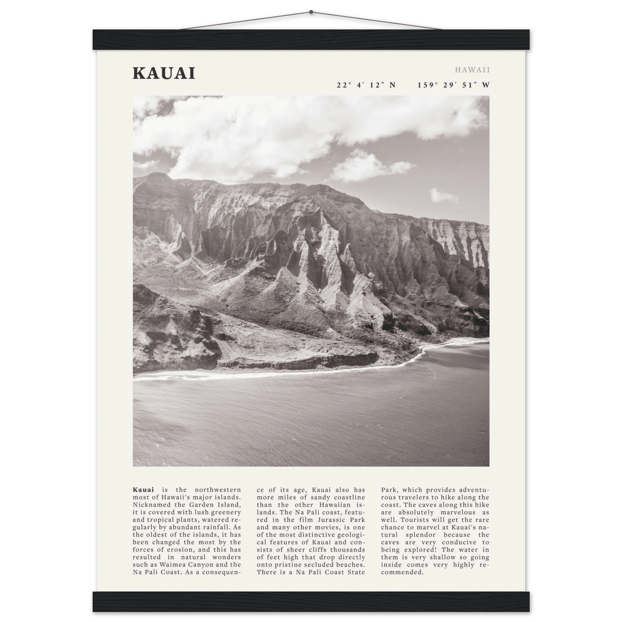 Kauai Poster | Black & White Na Pali Coast Wall Art | Hawaii Travel Print Decor - Evergreen Posters