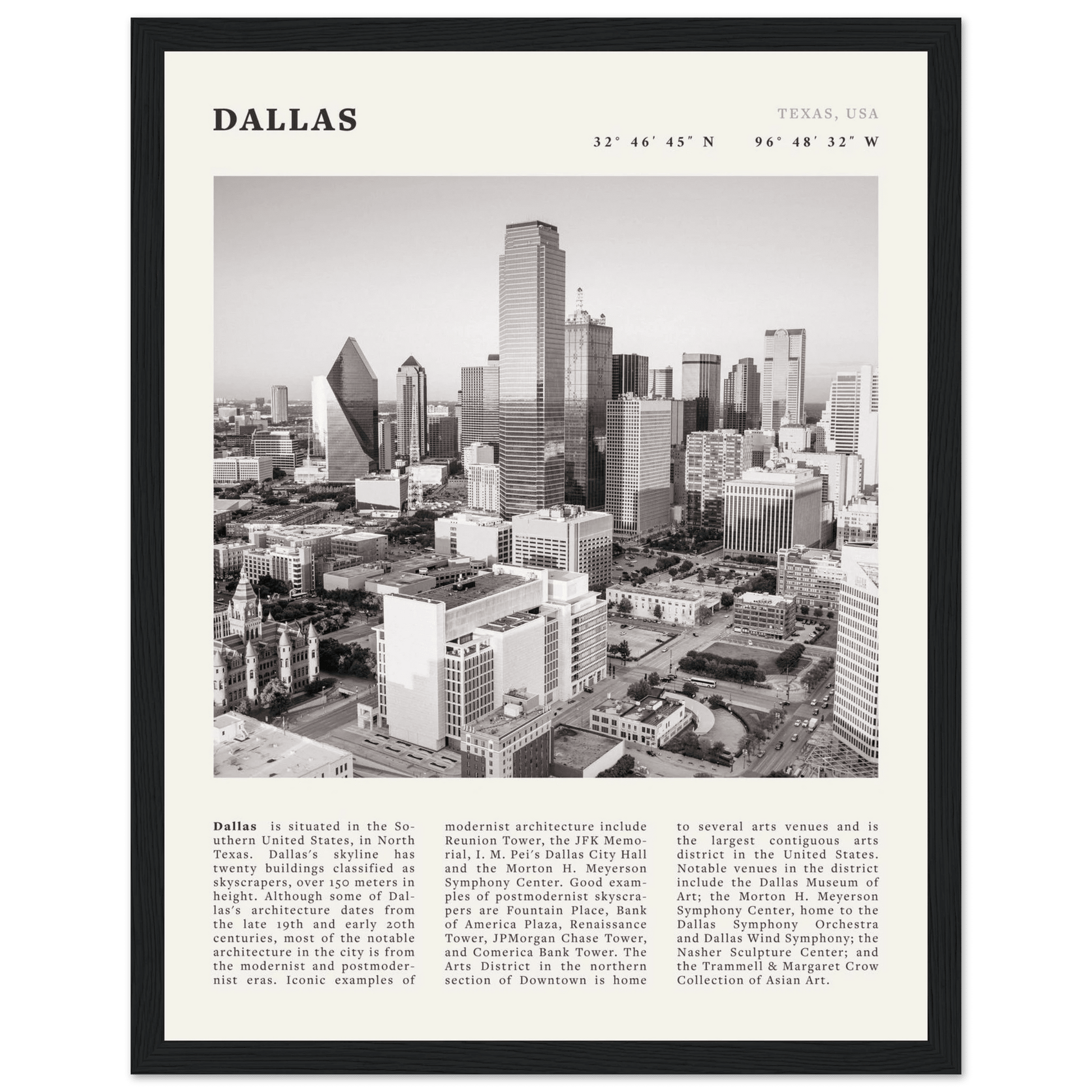 Dallas Poster | Black & White Texas Skyline Wall Art | City Travel Print Decor - Evergreen Posters