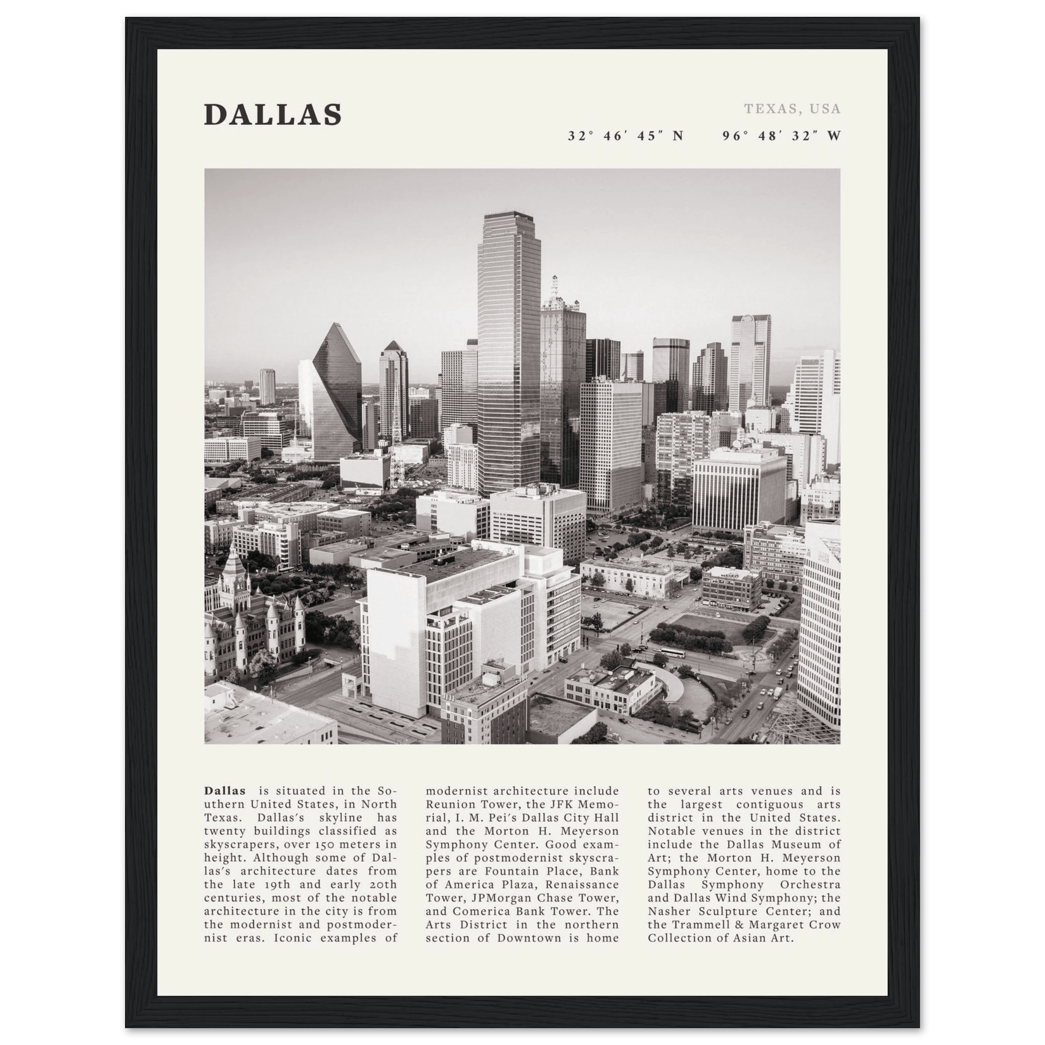 Dallas Poster | Black & White Texas Skyline Wall Art | City Travel Print Decor - Evergreen Posters