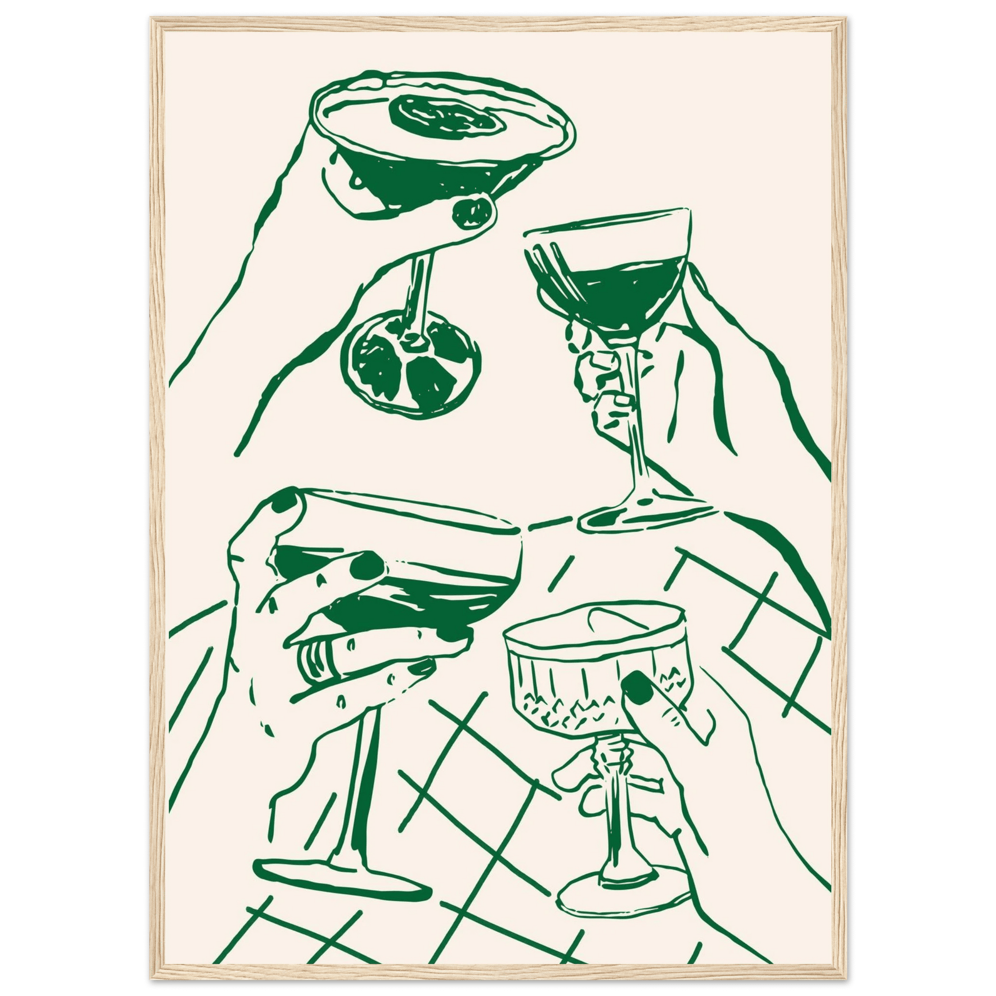 Cheers Print | Forest Green Cocktail Glasses Wall Art | Kitchen Bar Poster - Evergreen Posters