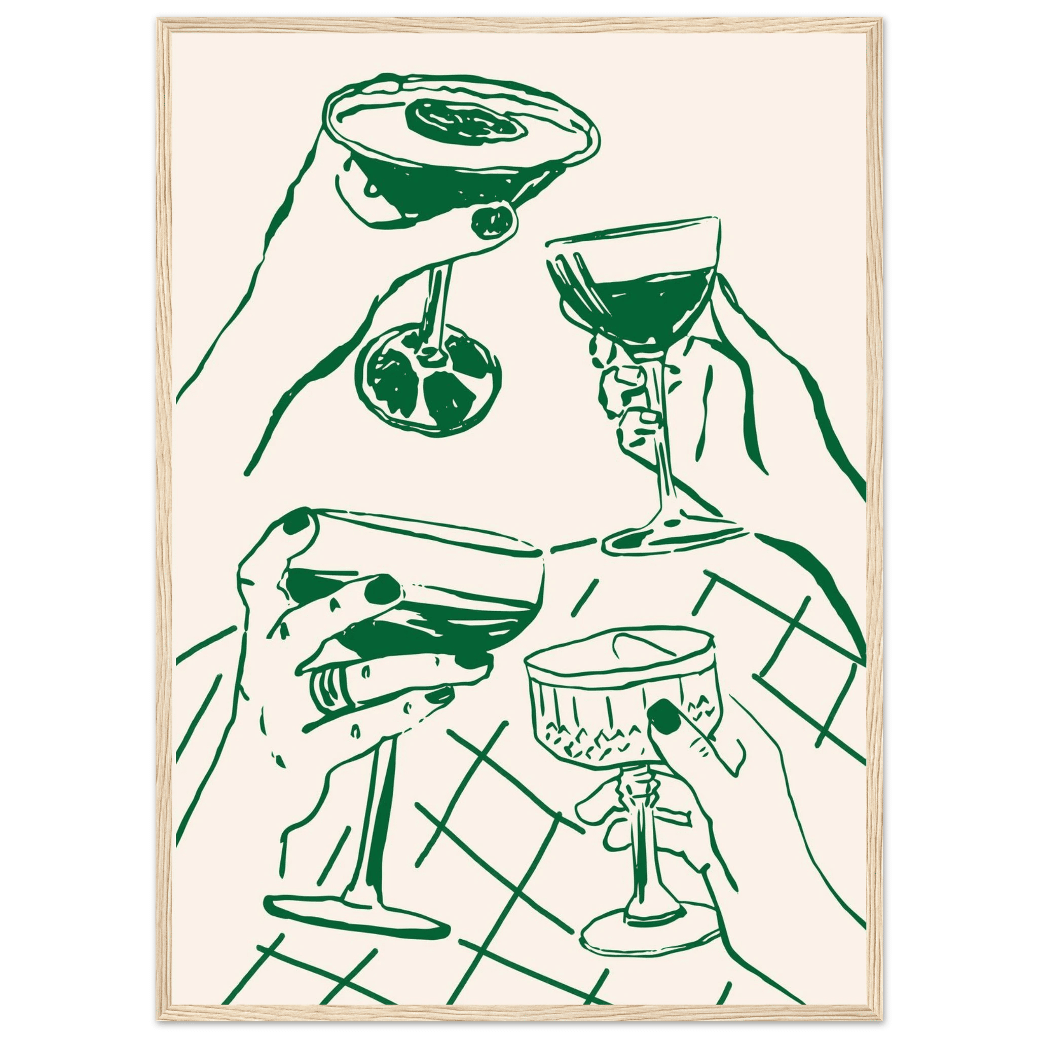 Cheers Print | Forest Green Cocktail Glasses Wall Art | Kitchen Bar Poster - Evergreen Posters