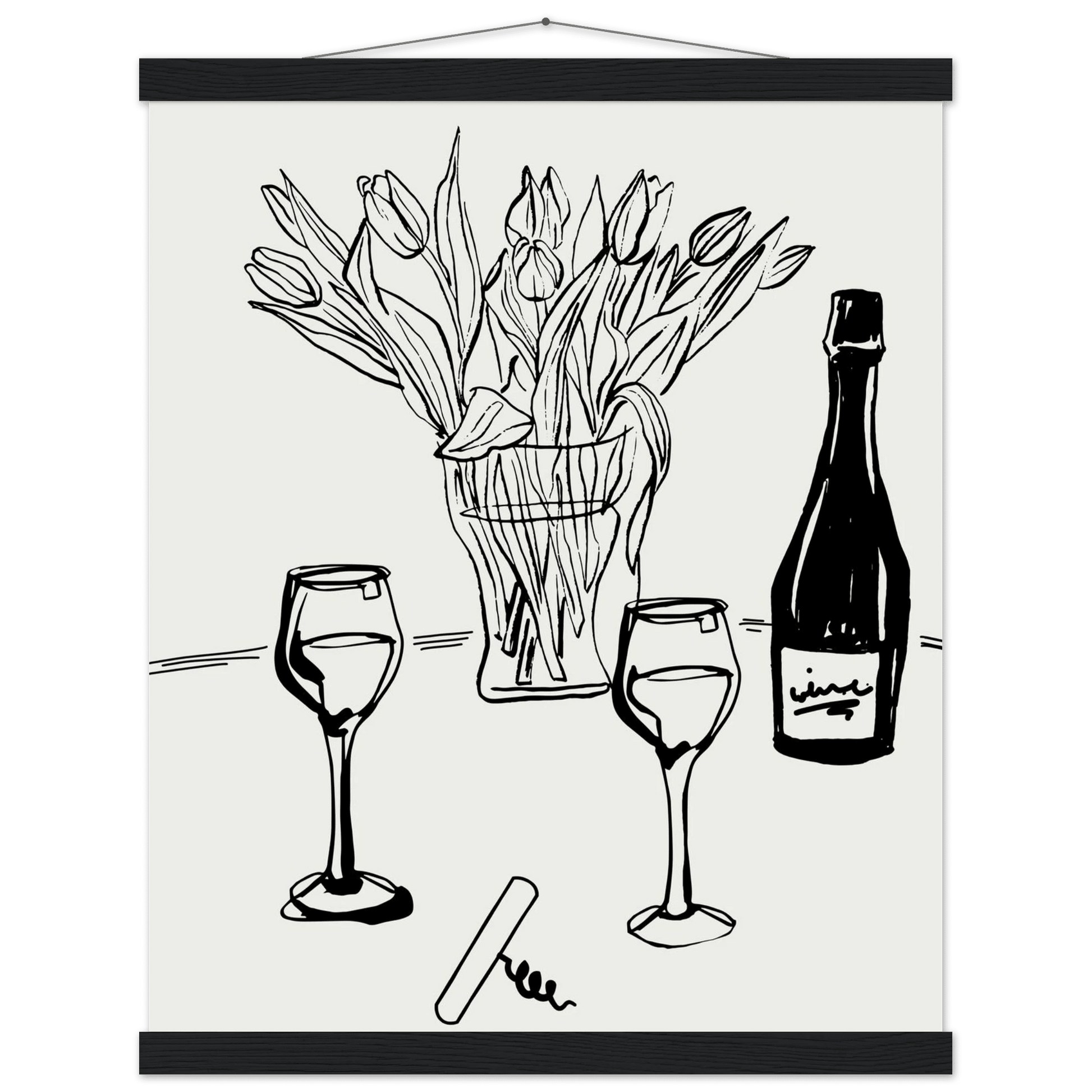 Wine & Tulips Print | Black Line Art Wine Bottle Wall Art | Minimalist Kitchen Poster - Evergreen Posters