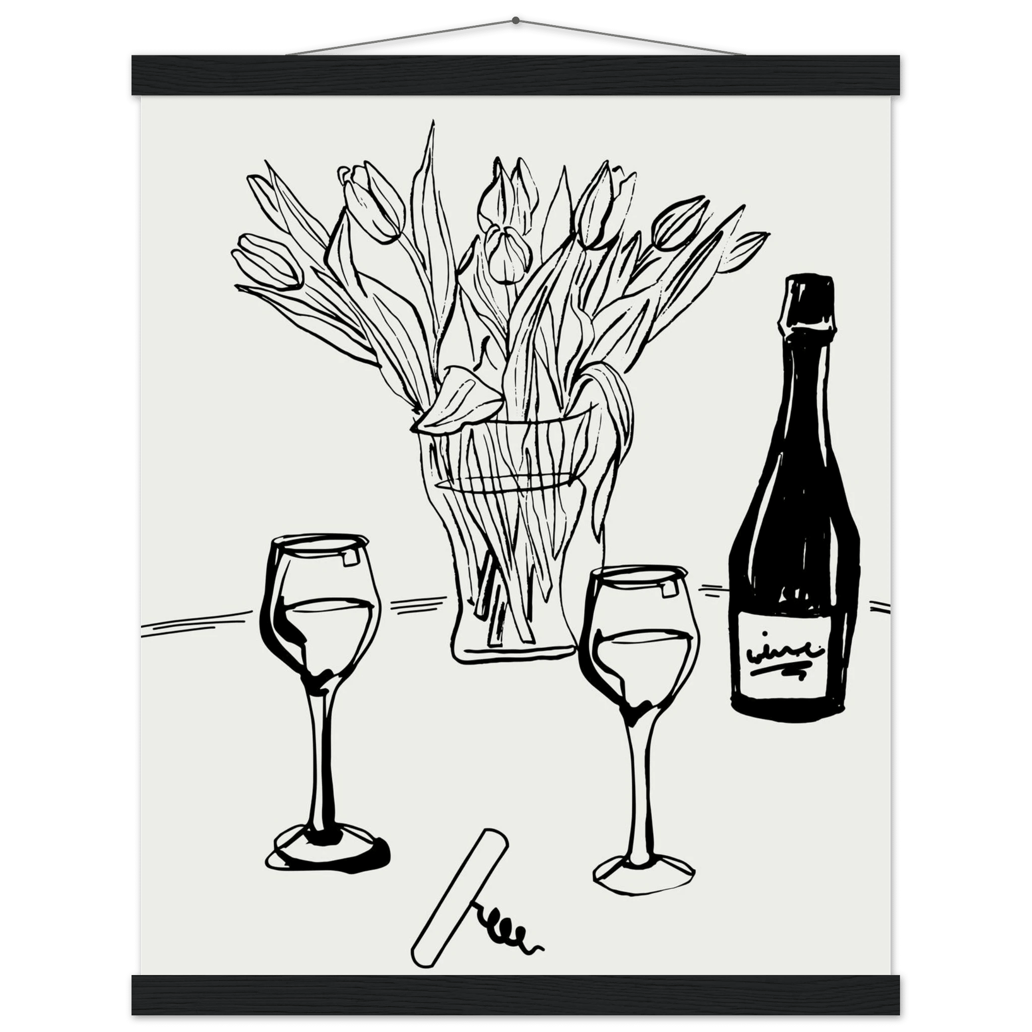 Wine & Tulips Print | Black Line Art Wine Bottle Wall Art | Minimalist Kitchen Poster - Evergreen Posters