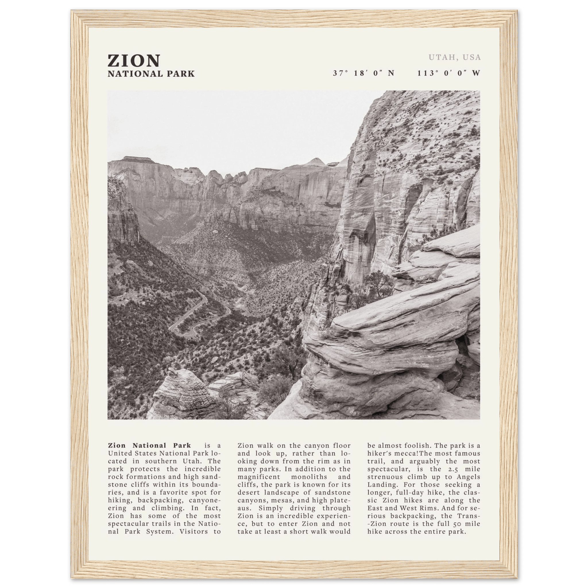 Zion National Park Poster | Black & White Utah Canyon Wall Art | USA Travel Print - Evergreen Posters
