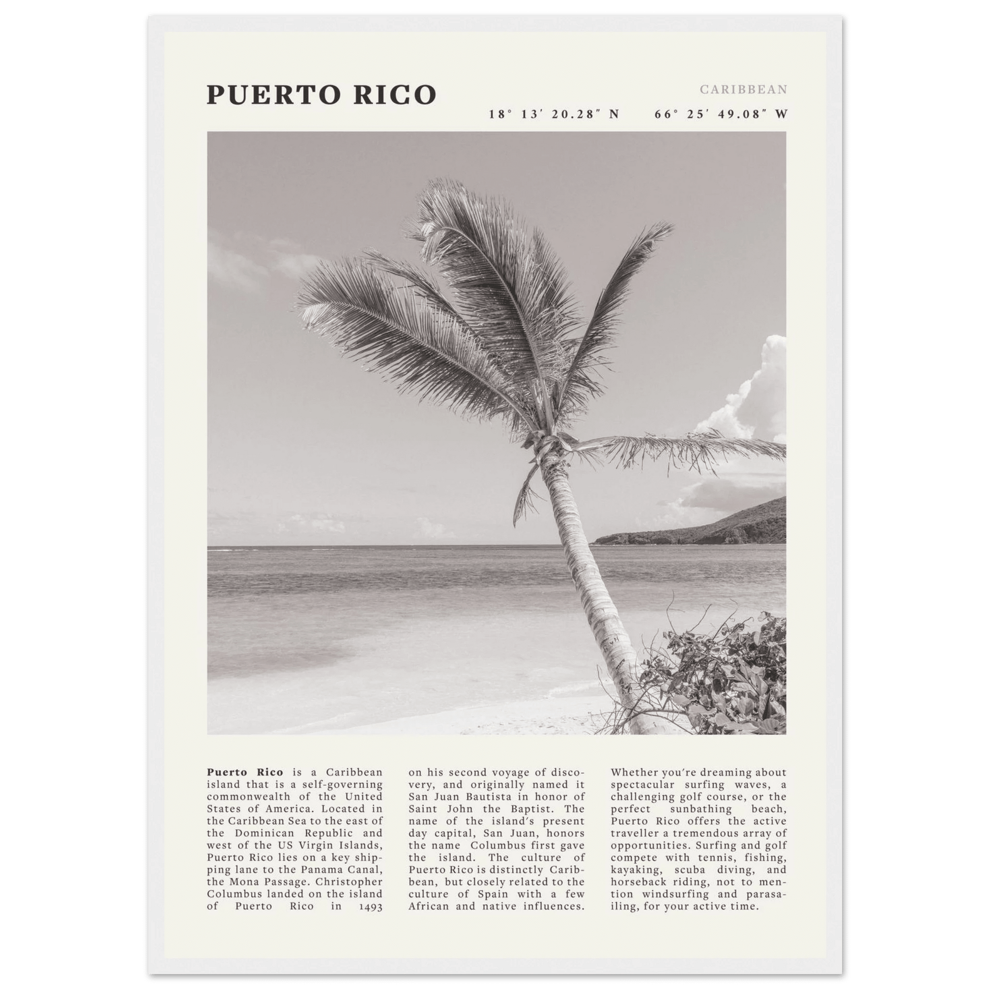 Puerto Rico Poster Black and White – Vintage Caribbean Palm Beach Print (Digital & Printed Options) - Evergreen Posters