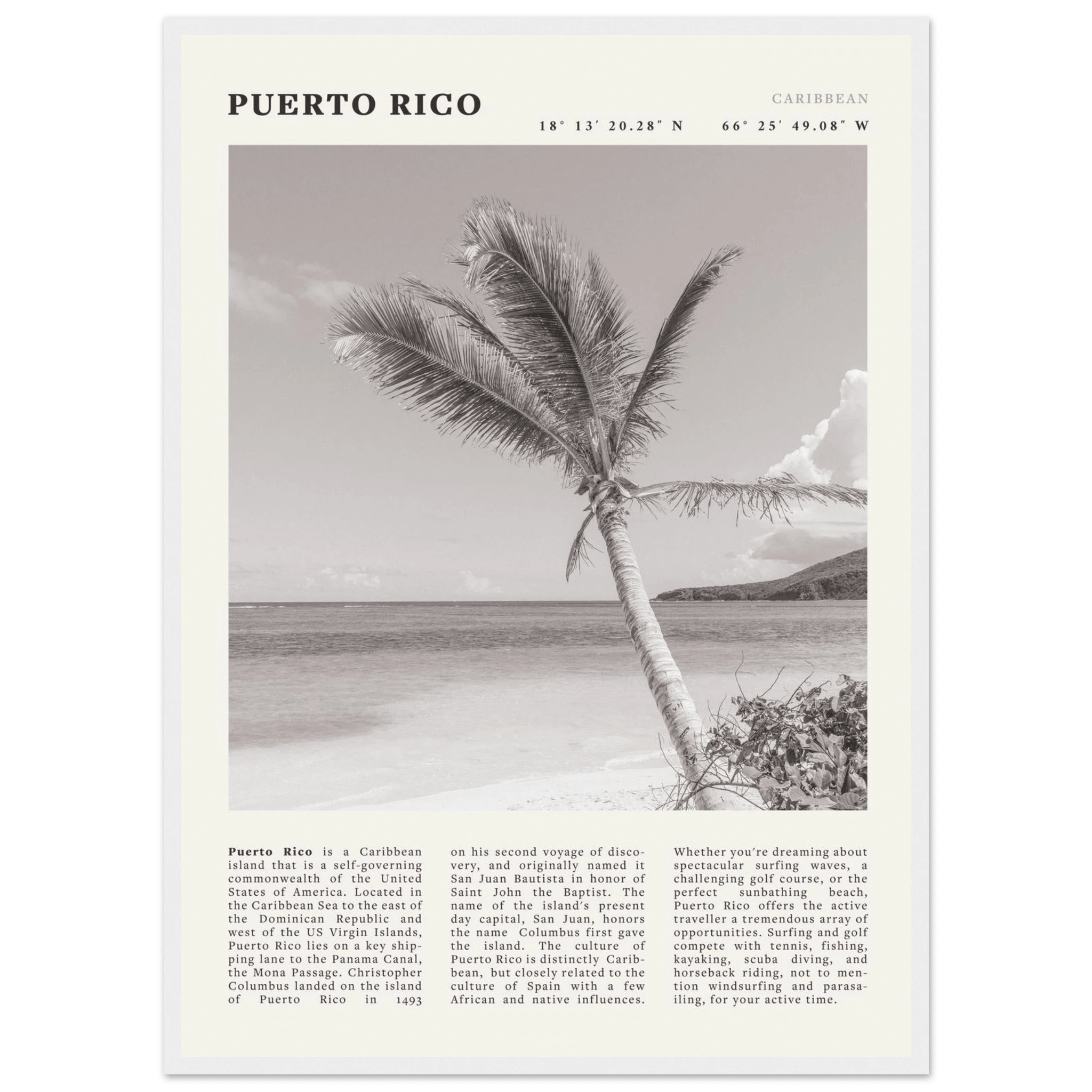 Puerto Rico Poster Black and White – Vintage Caribbean Palm Beach Print (Digital & Printed Options) - Evergreen Posters