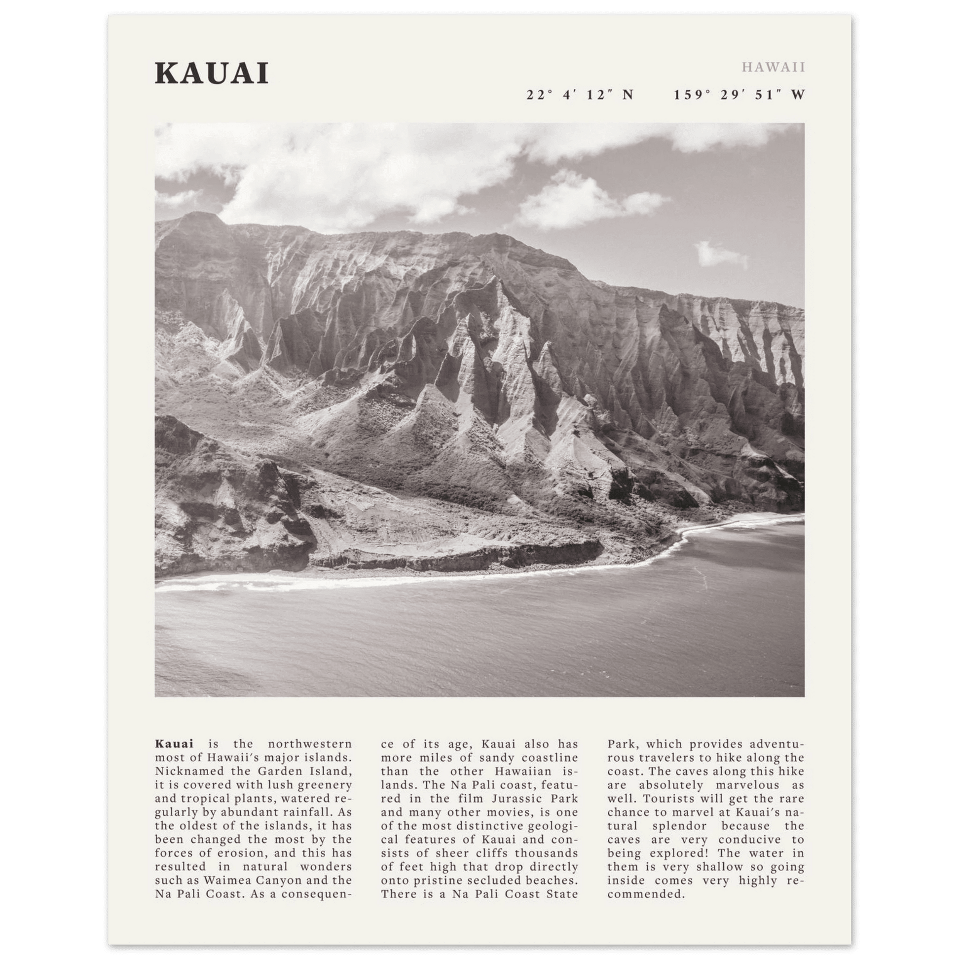 Kauai Poster | Black & White Na Pali Coast Wall Art | Hawaii Travel Print Decor - Evergreen Posters