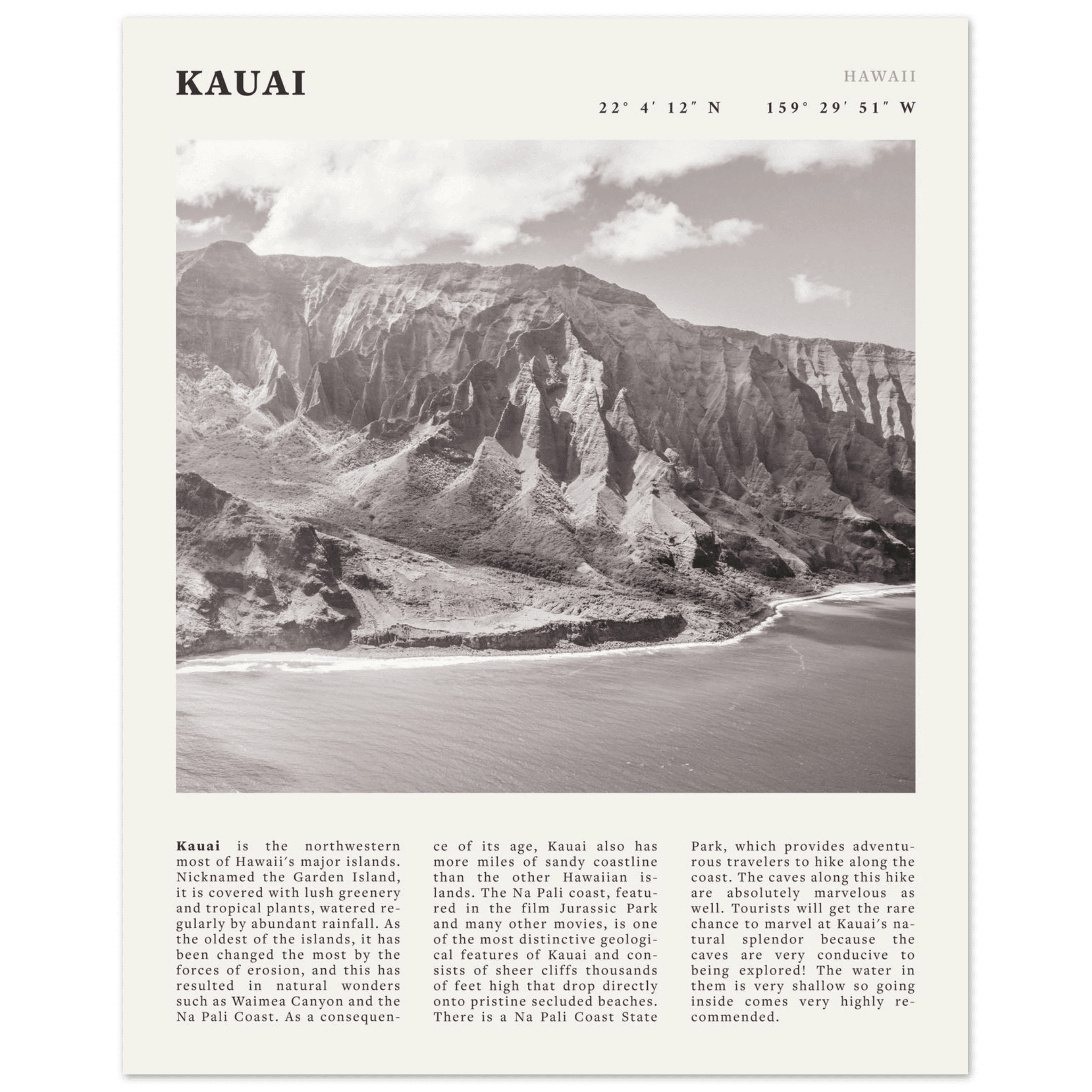 Kauai Poster | Black & White Na Pali Coast Wall Art | Hawaii Travel Print Decor - Evergreen Posters