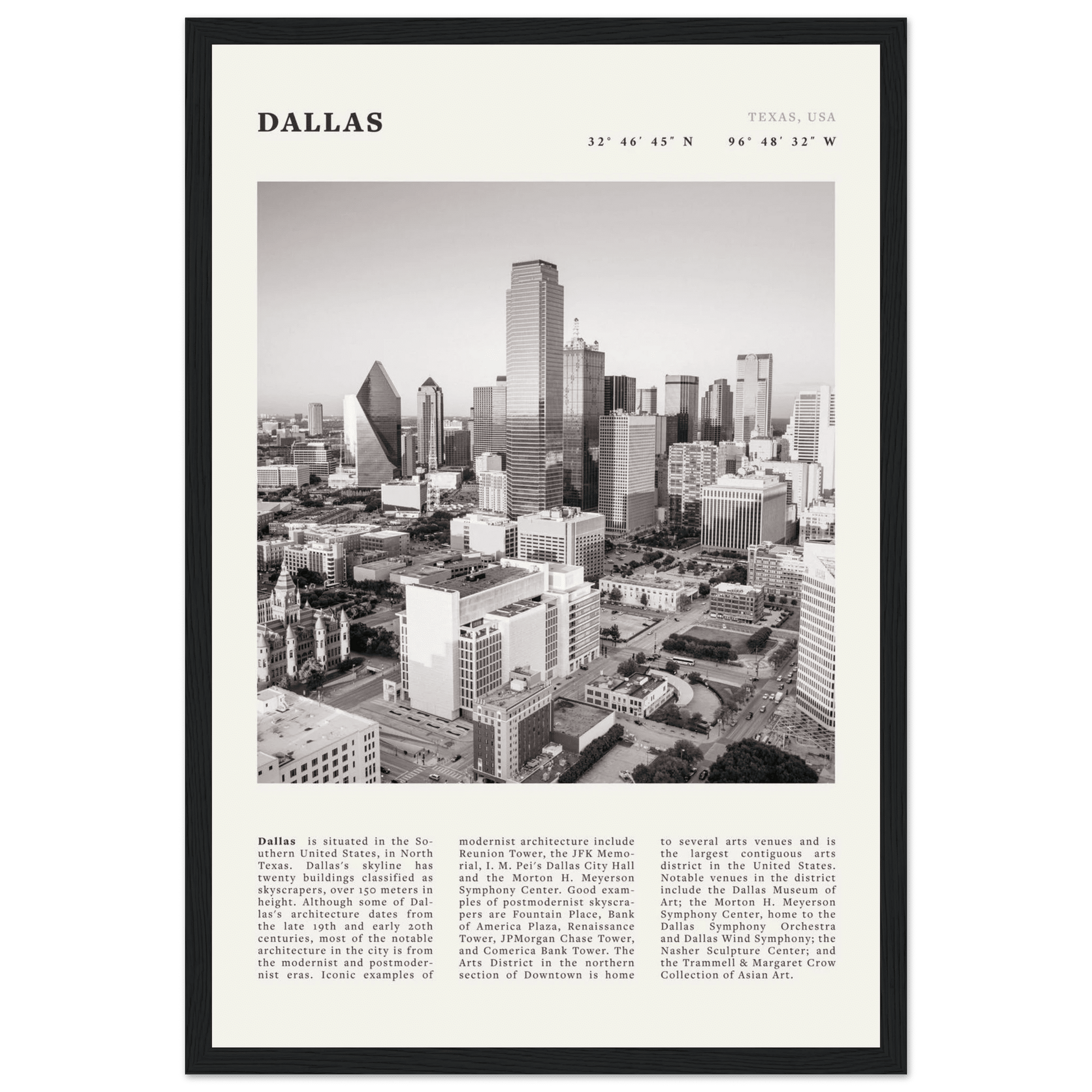 Dallas Poster | Black & White Texas Skyline Wall Art | City Travel Print Decor - Evergreen Posters