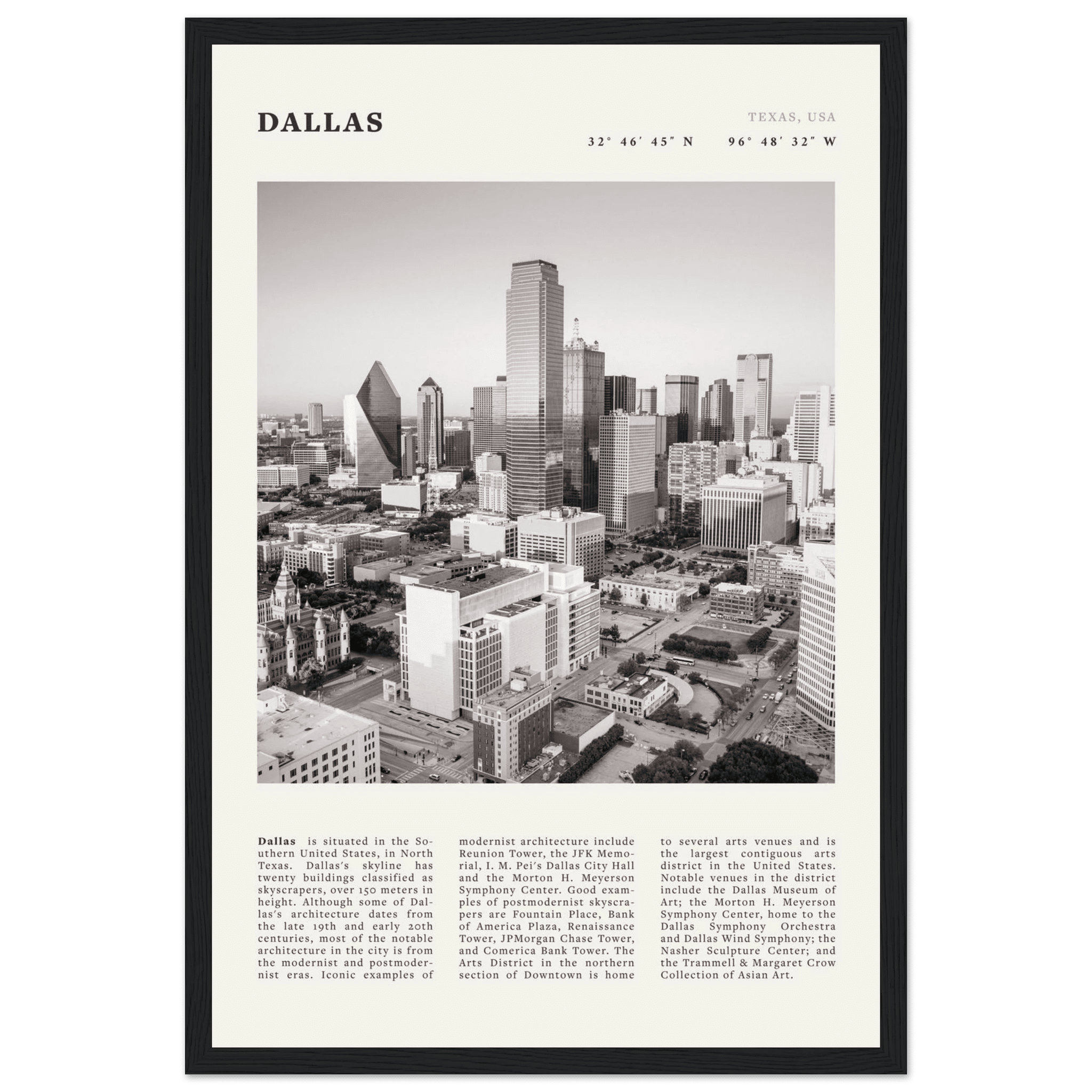 Dallas Poster | Black & White Texas Skyline Wall Art | City Travel Print Decor - Evergreen Posters