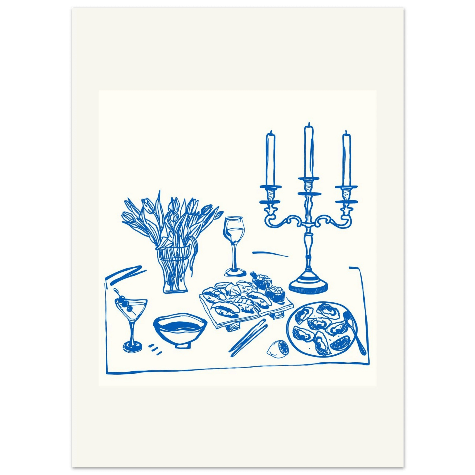 Fine Dining Table Print | Blue Line Art Kitchen Wall Art | Elegant Dining Room Poster - Evergreen Posters
