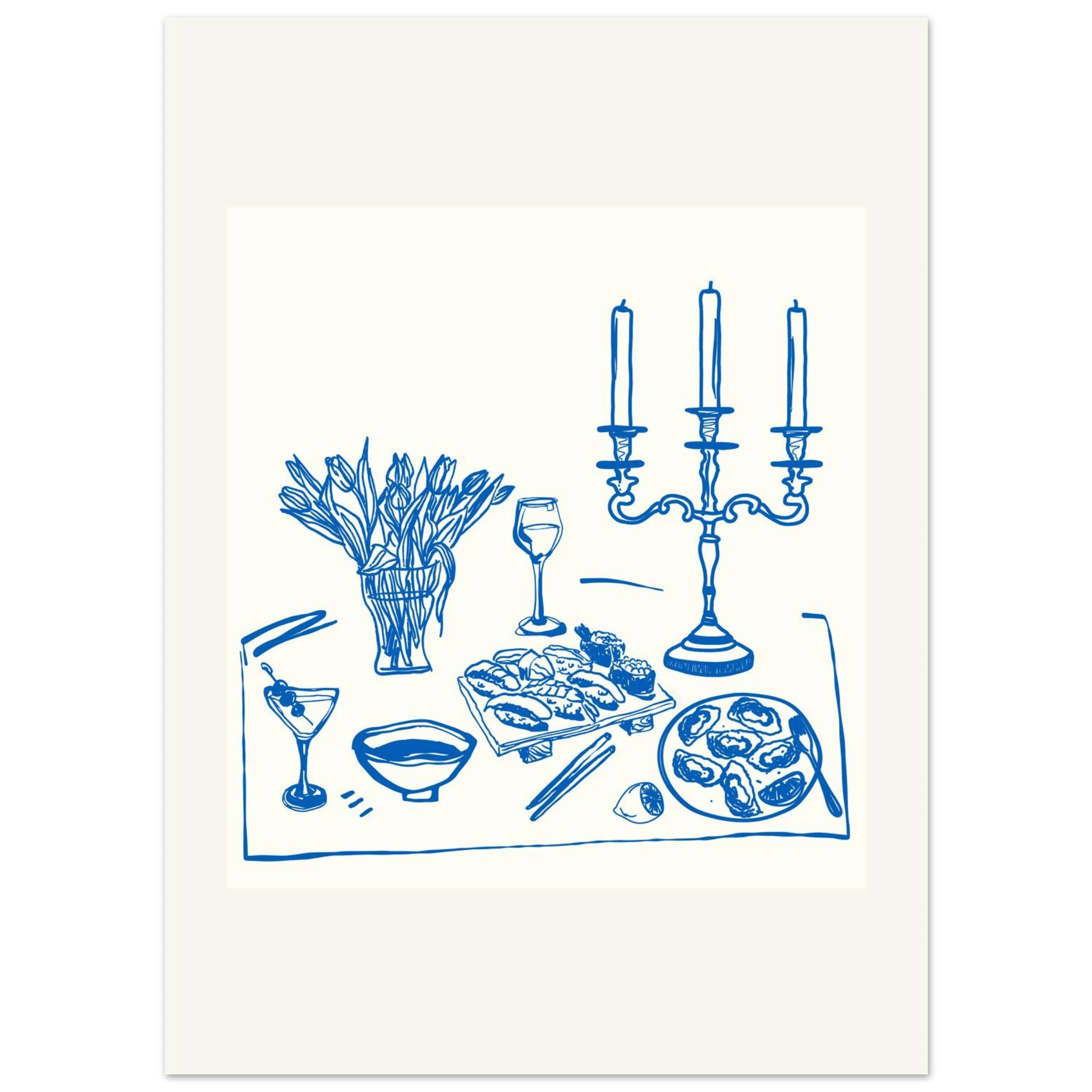 Fine Dining Table Print | Blue Line Art Kitchen Wall Art | Elegant Dining Room Poster - Evergreen Posters